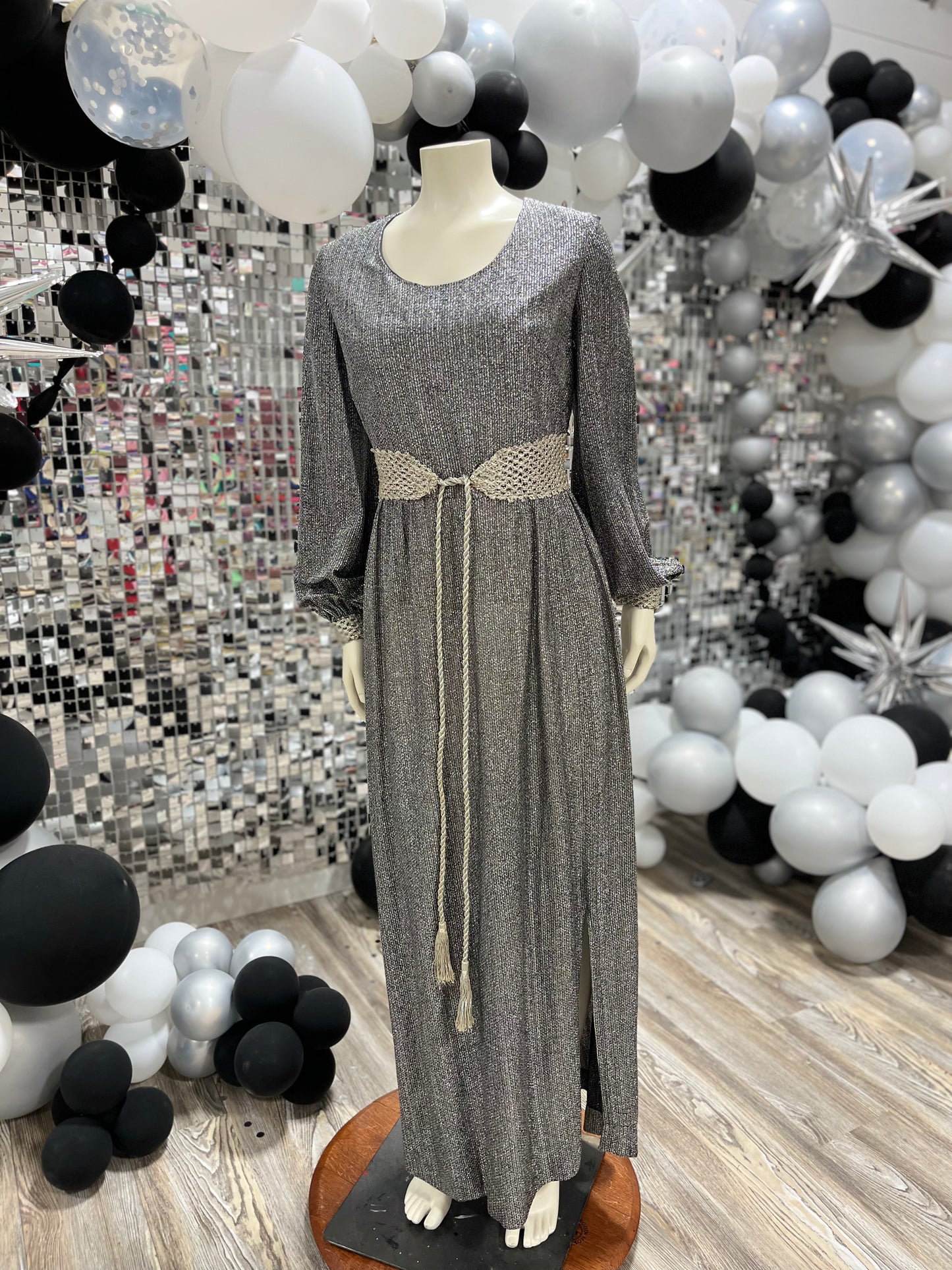 60s Vintage Mod Silver Metallic Maxi Evening Party Maxi Dress