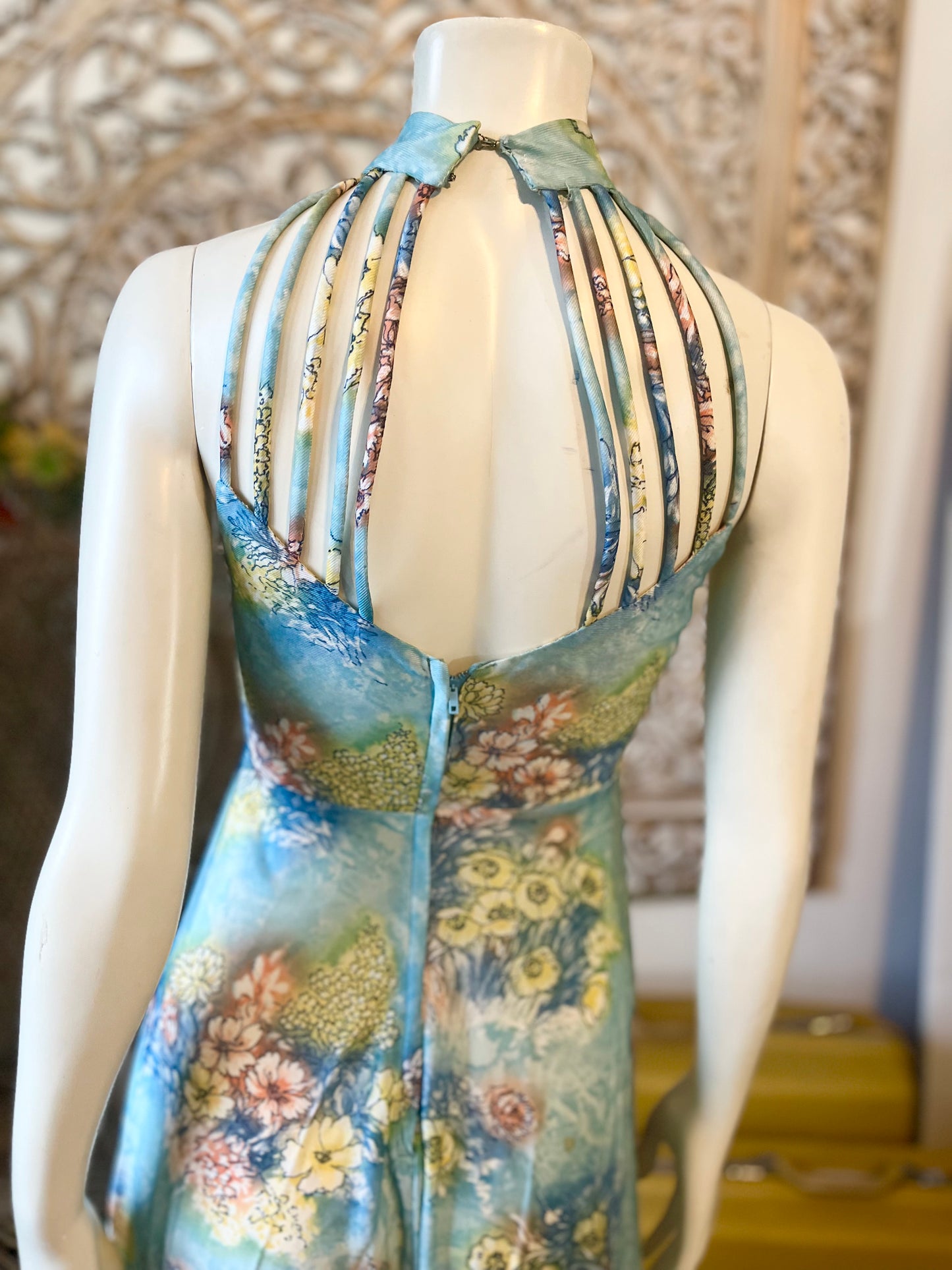 Vintage 70s Blue Floral Cage Top Empire Maxi Dress XS