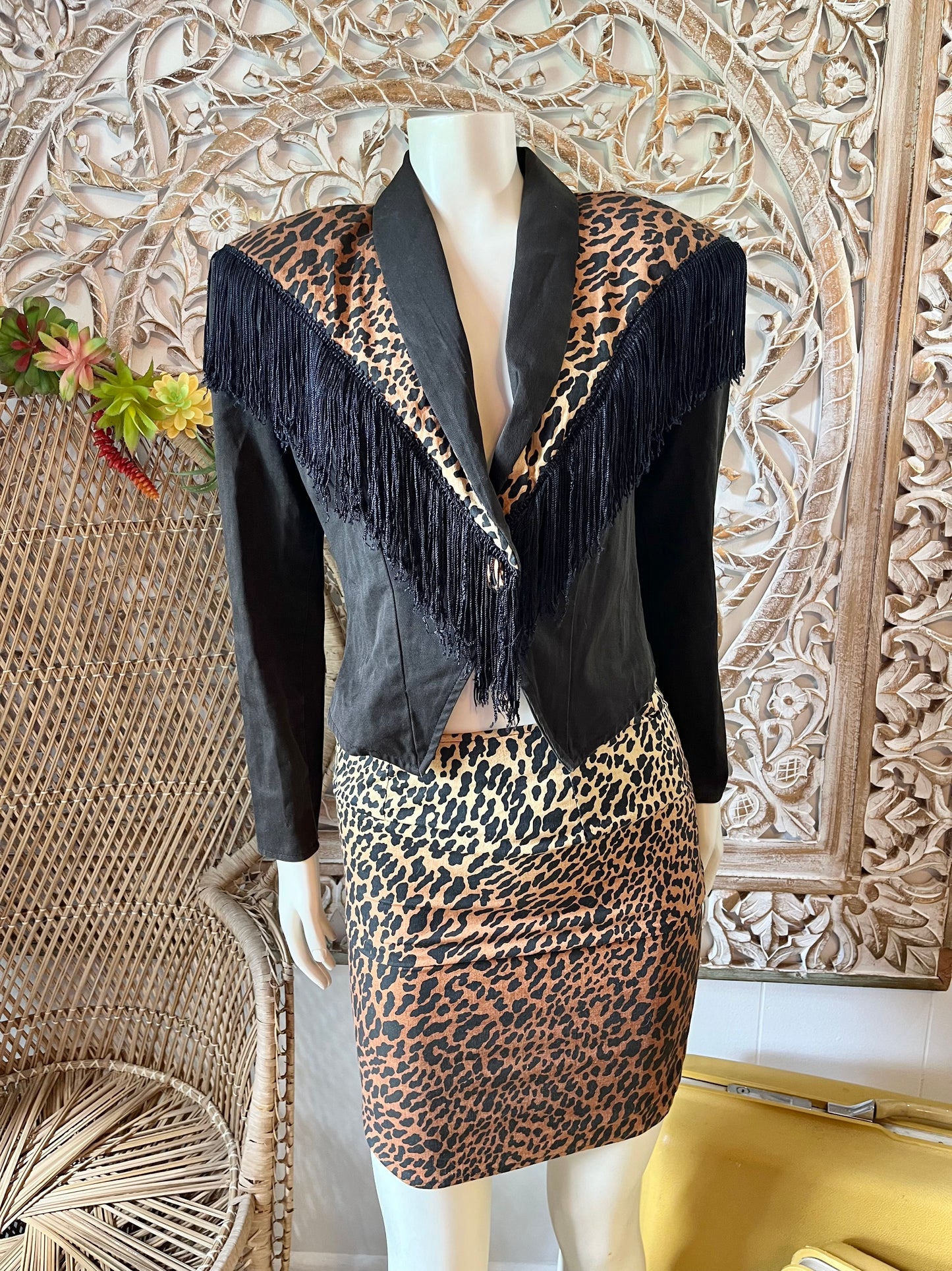 Vintage 80s Fredrick’s of Hollywood Leopard Print Fringe Jacket and Skirt