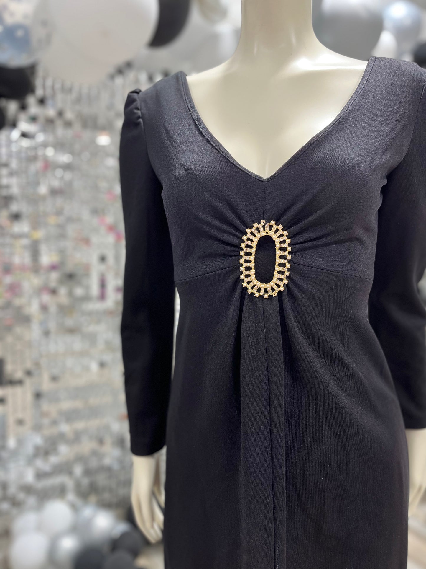 Vintage 70s Medallion Black Mini Party Cocktail Dress XS/S