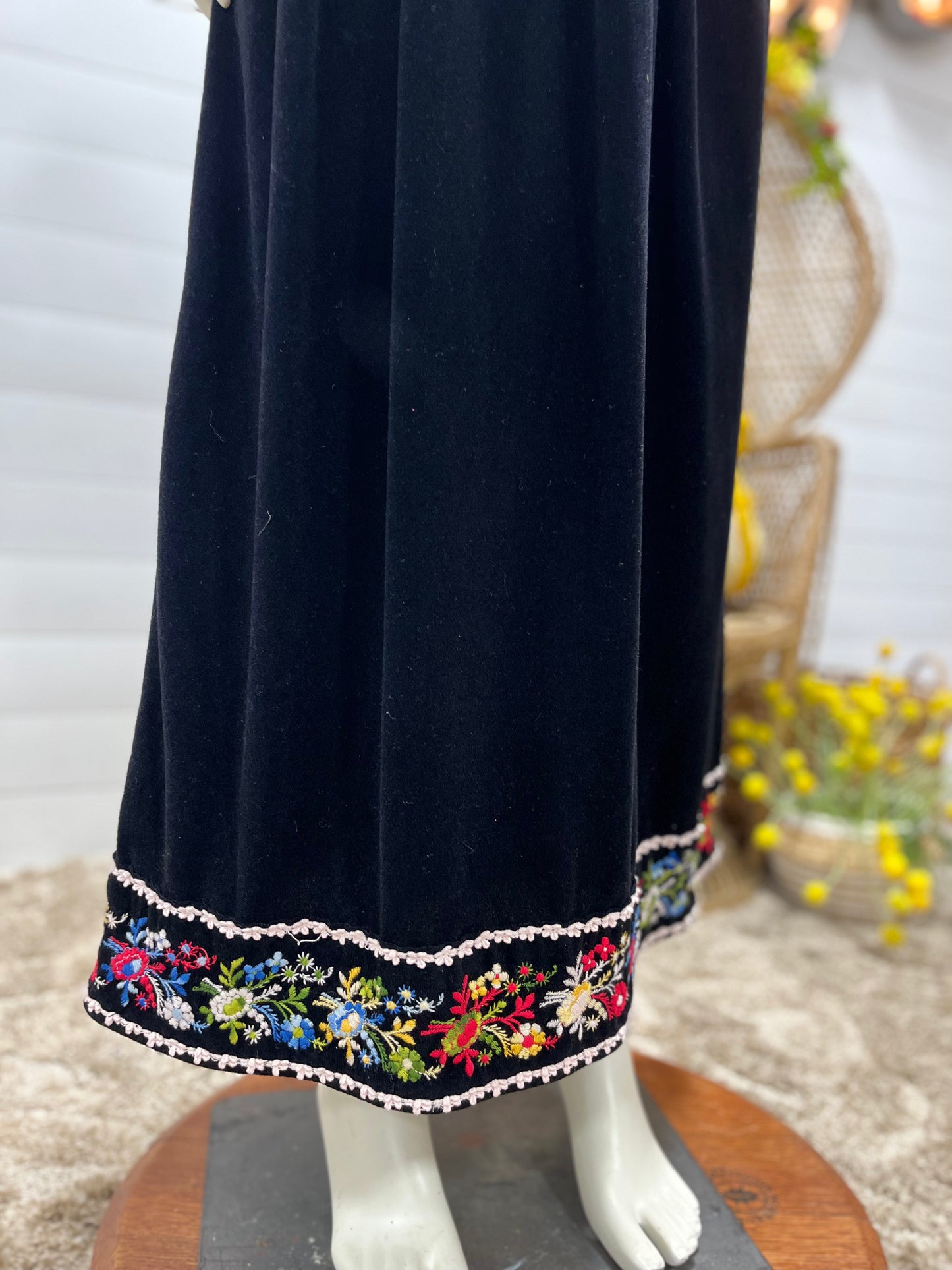 70s Velour Embroidered Floral Boho Vintage Black Dress