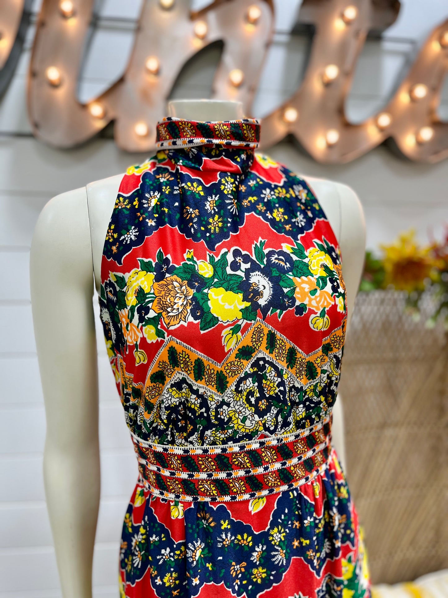 Vintage 70s Paisley Colorful High Collar Psychedelic Maxi Dress XS/S