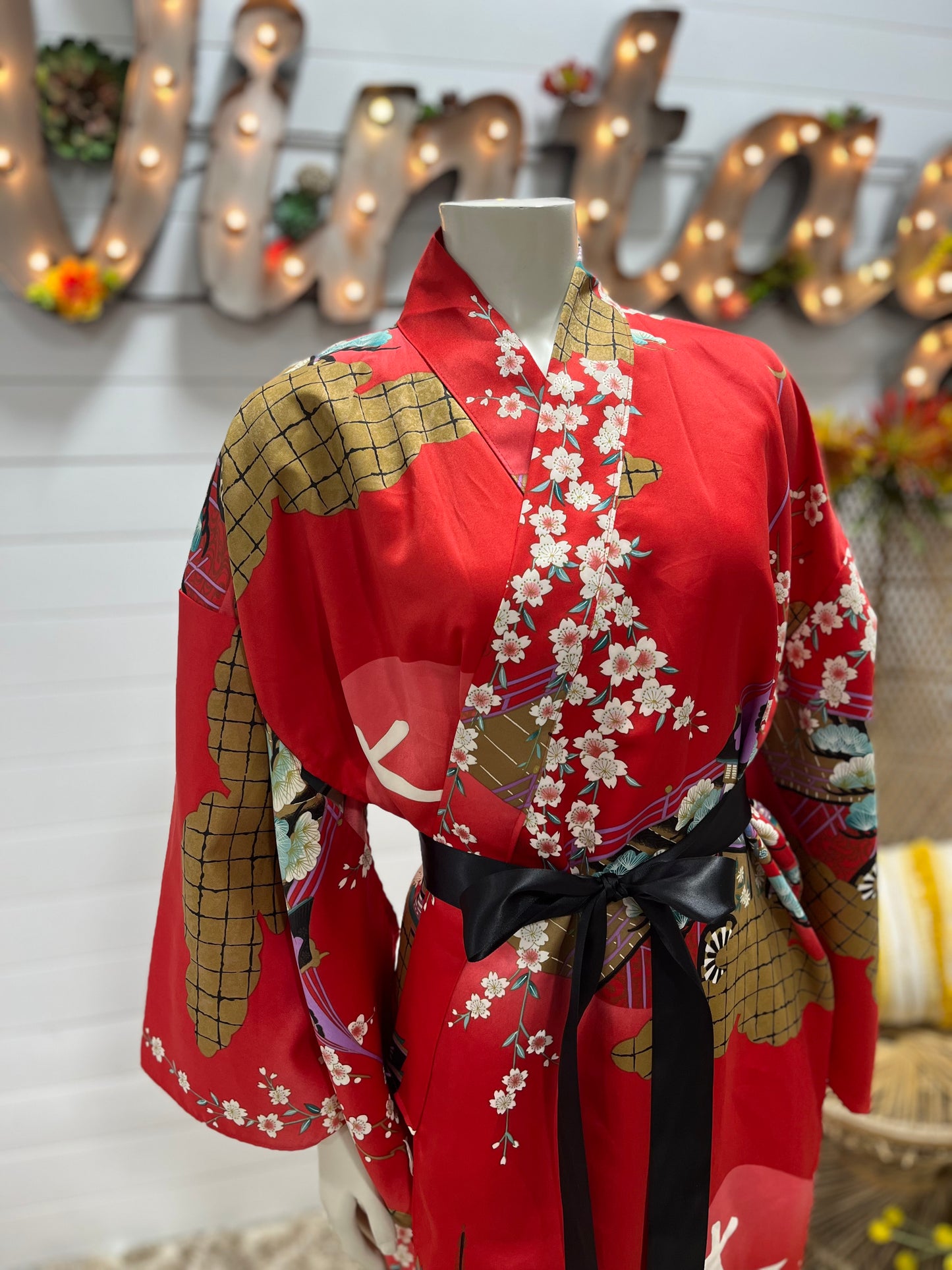 Vintage 80s Asian Floral Print Rickshaw Wrap Cherry Blossom Kimono Duster