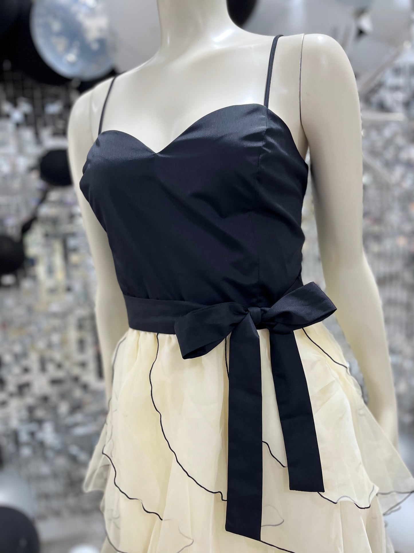 Vintage 70s Black Ivory Tiered Ruffle Cocktail Party Dress L