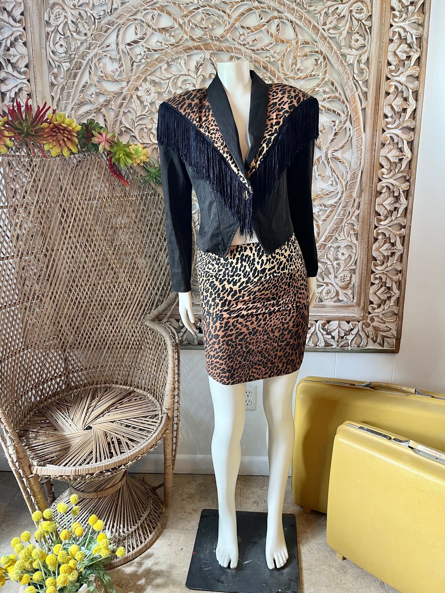 Vintage 80s Fredrick’s of Hollywood Leopard Print Fringe Jacket and Skirt