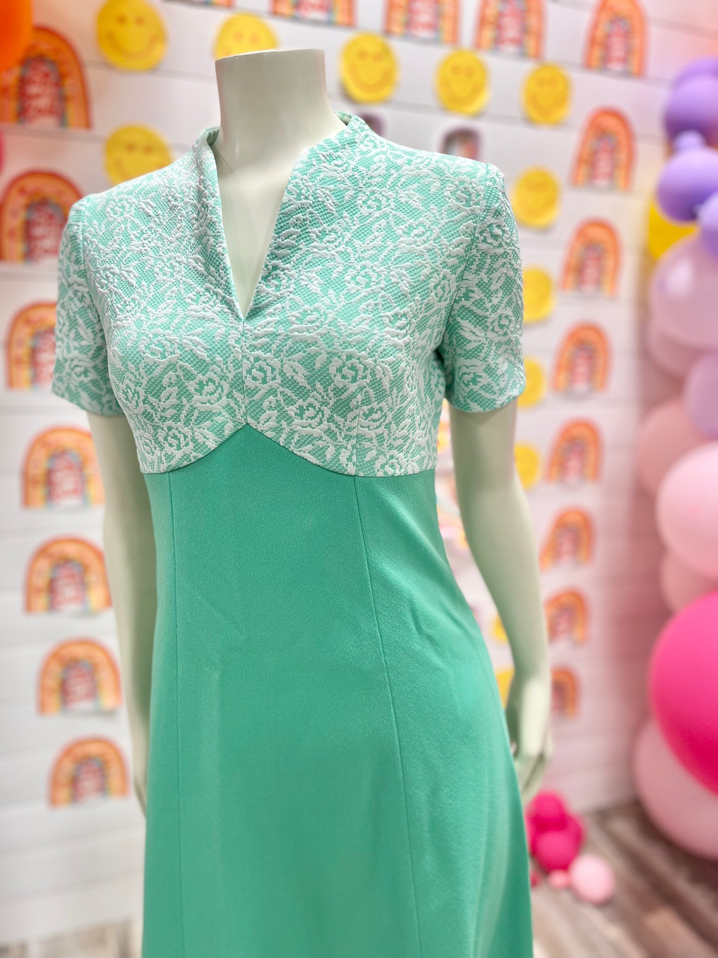 Vintage 70s Lace Rose Mint Green Floral Polyester Maxi Dress S