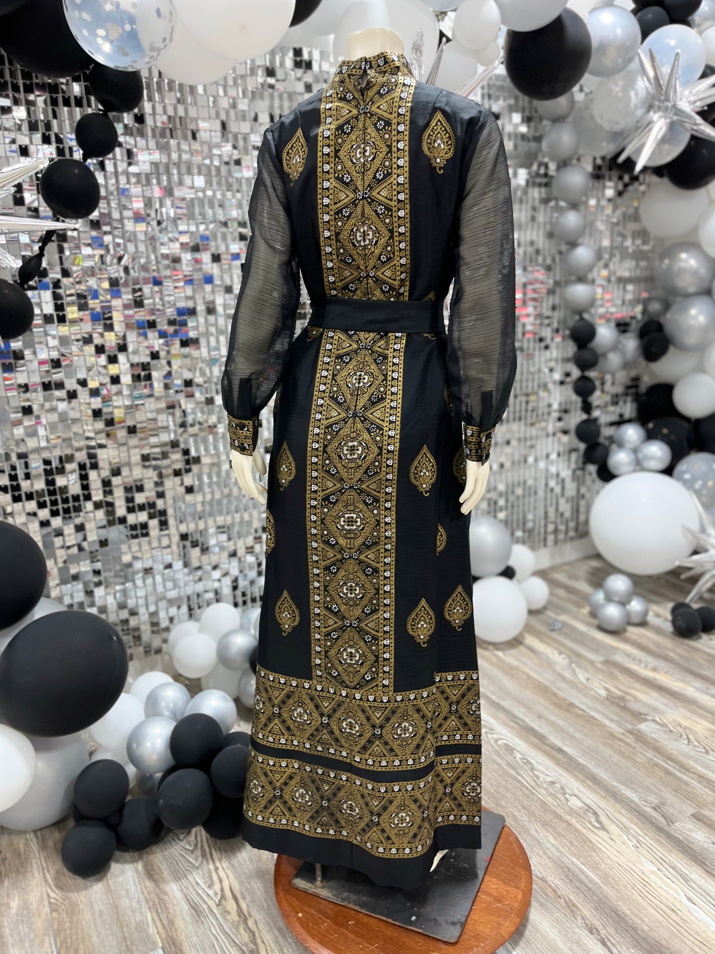 Vintage 70s Incredible Alfred Shaheen Gold Print Evening Maxi Dress M