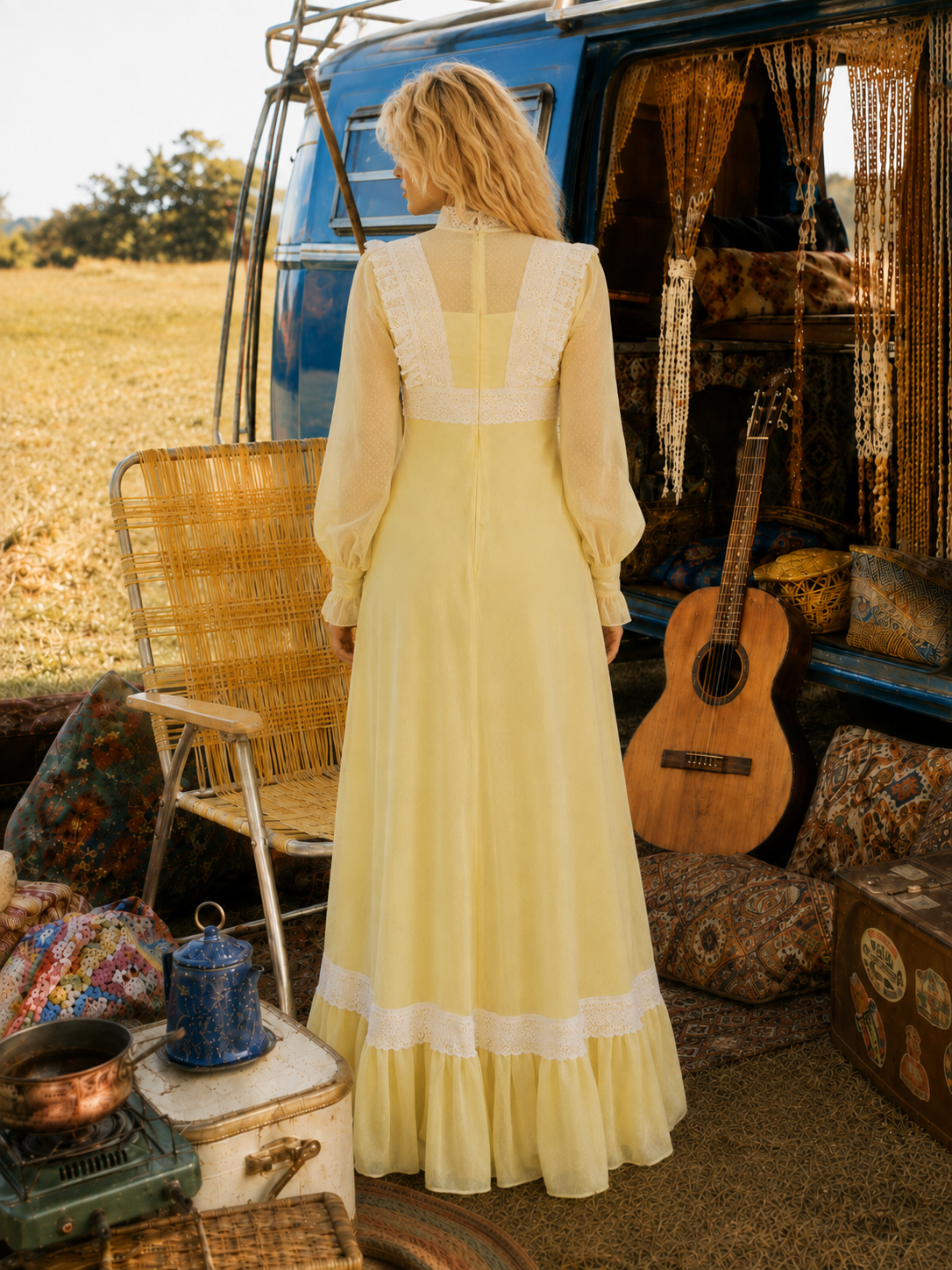 Vintage 70s Empire Lace Gunne Sax Style Yellow Maxi Dress XS