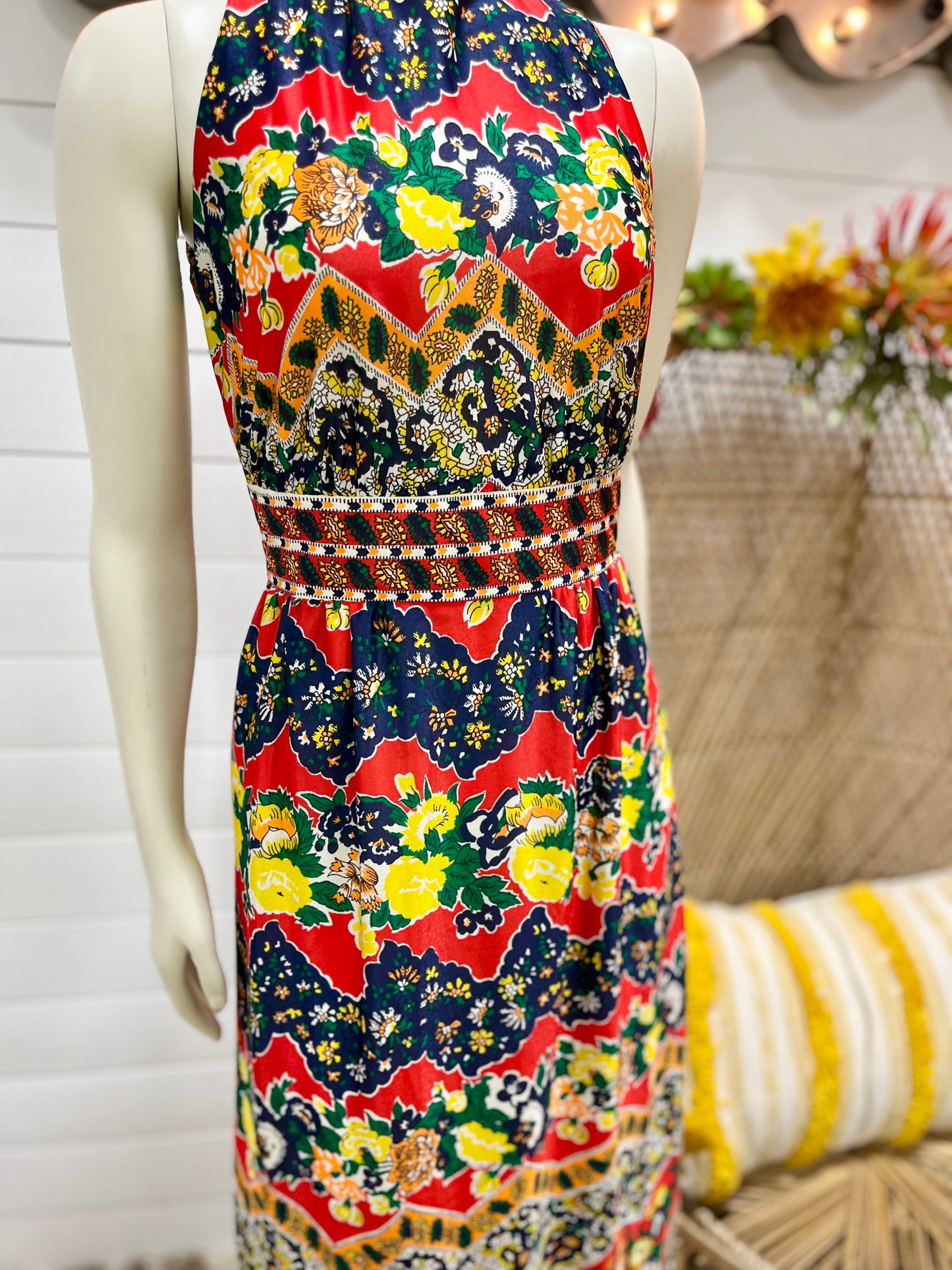 Vintage 70s Paisley Colorful High Collar Psychedelic Maxi Dress XS/S