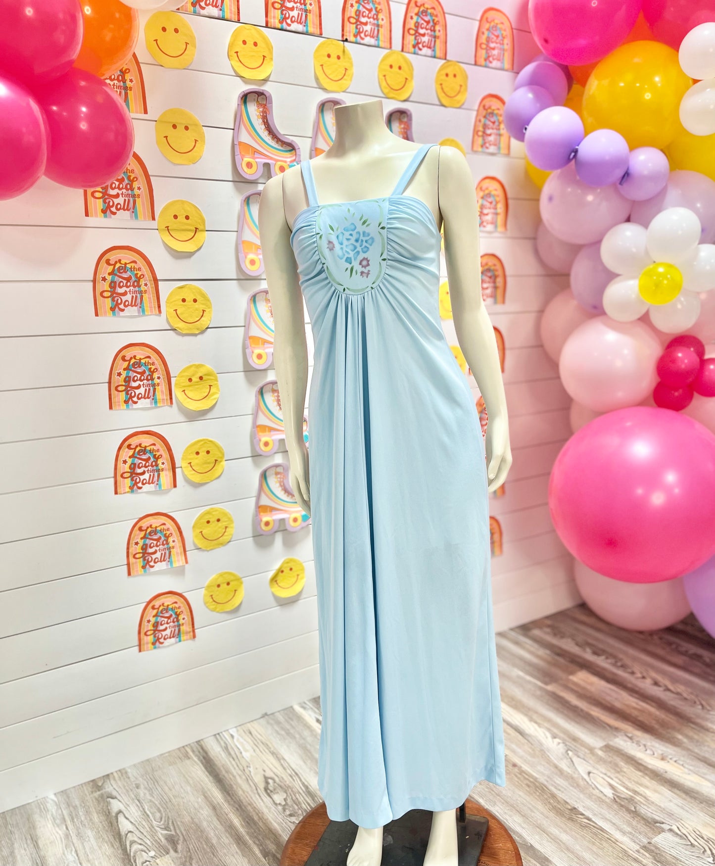 70s Floral Mosaic Gathered Bust Baby Blue Vintage Maxi Dress XS