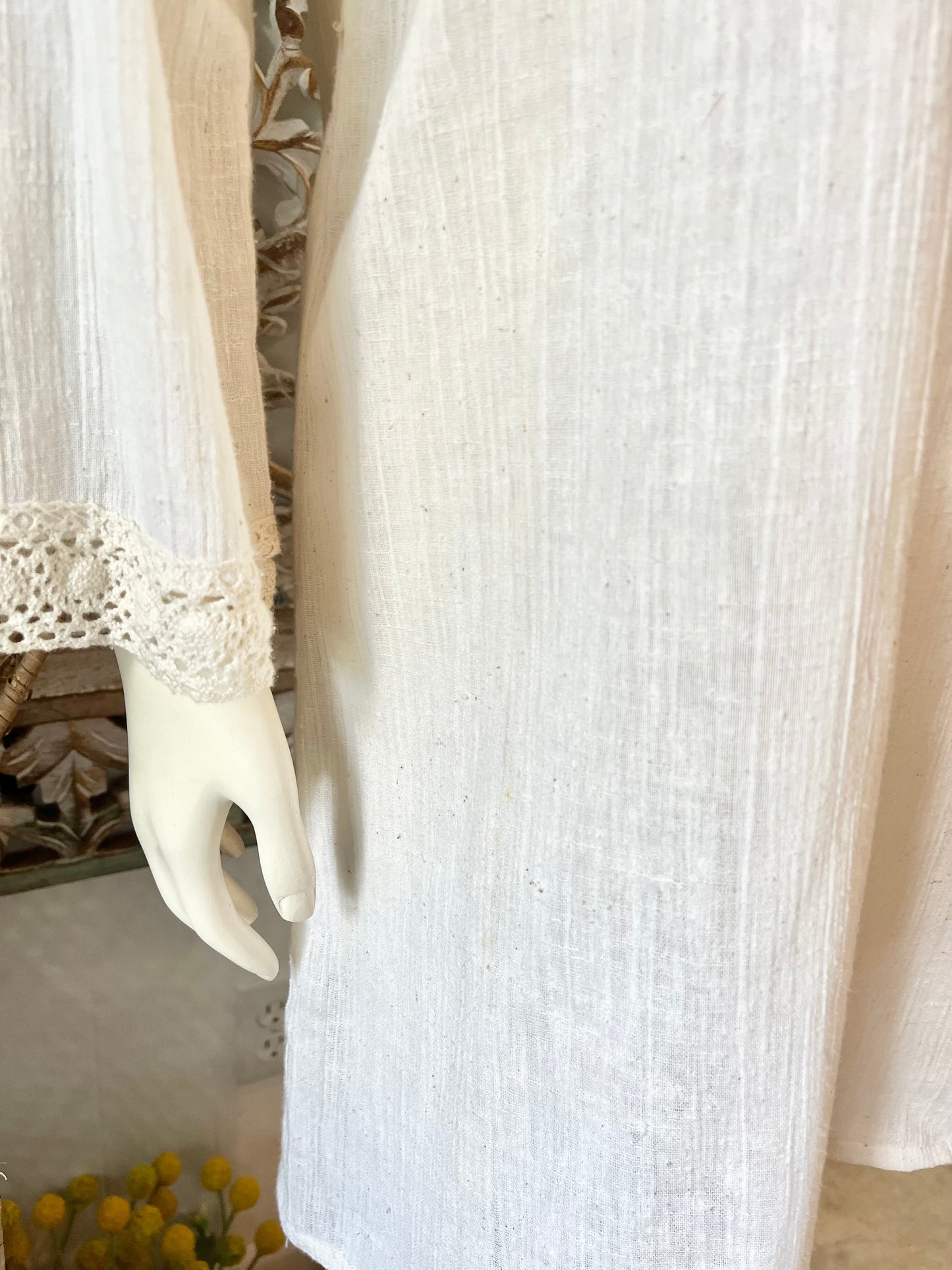 Vintage 70s Crochet Cream Mini Lace Dress L