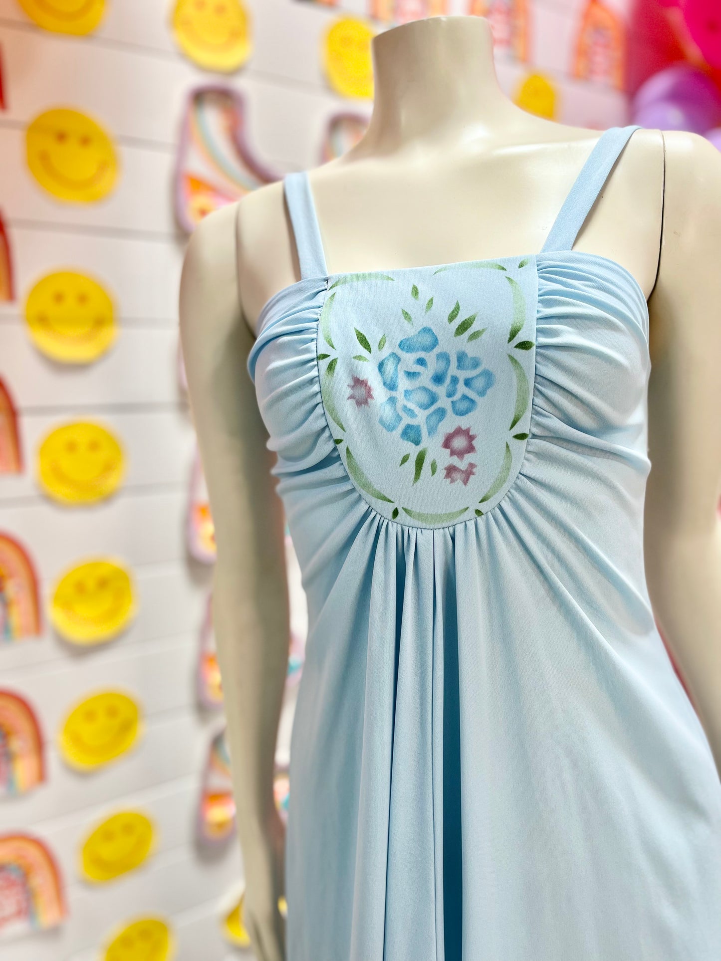 70s Floral Mosaic Gathered Bust Baby Blue Vintage Maxi Dress XS