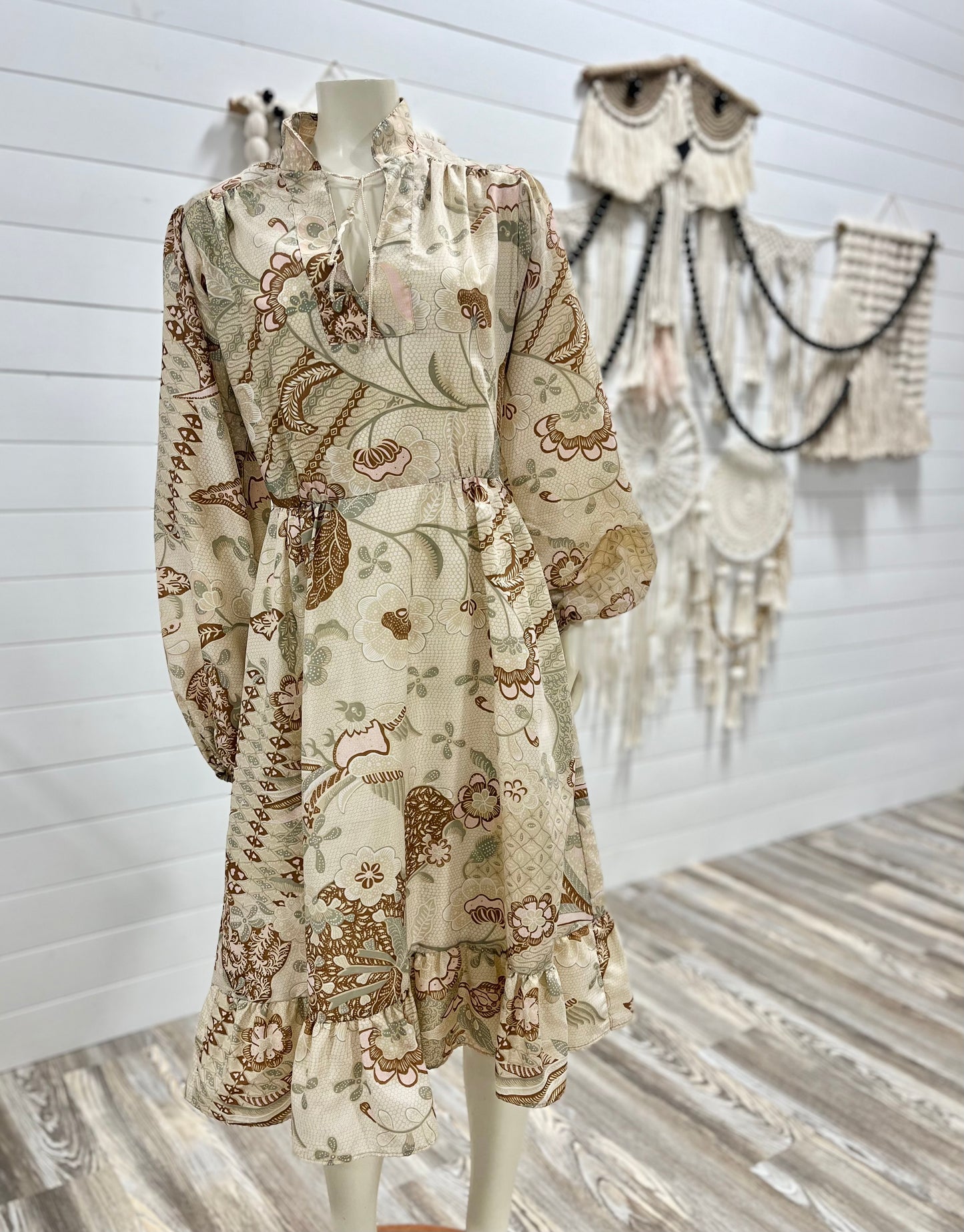Vintage 70s Bird Floral Novelty Print Bohemian Midi Dress S