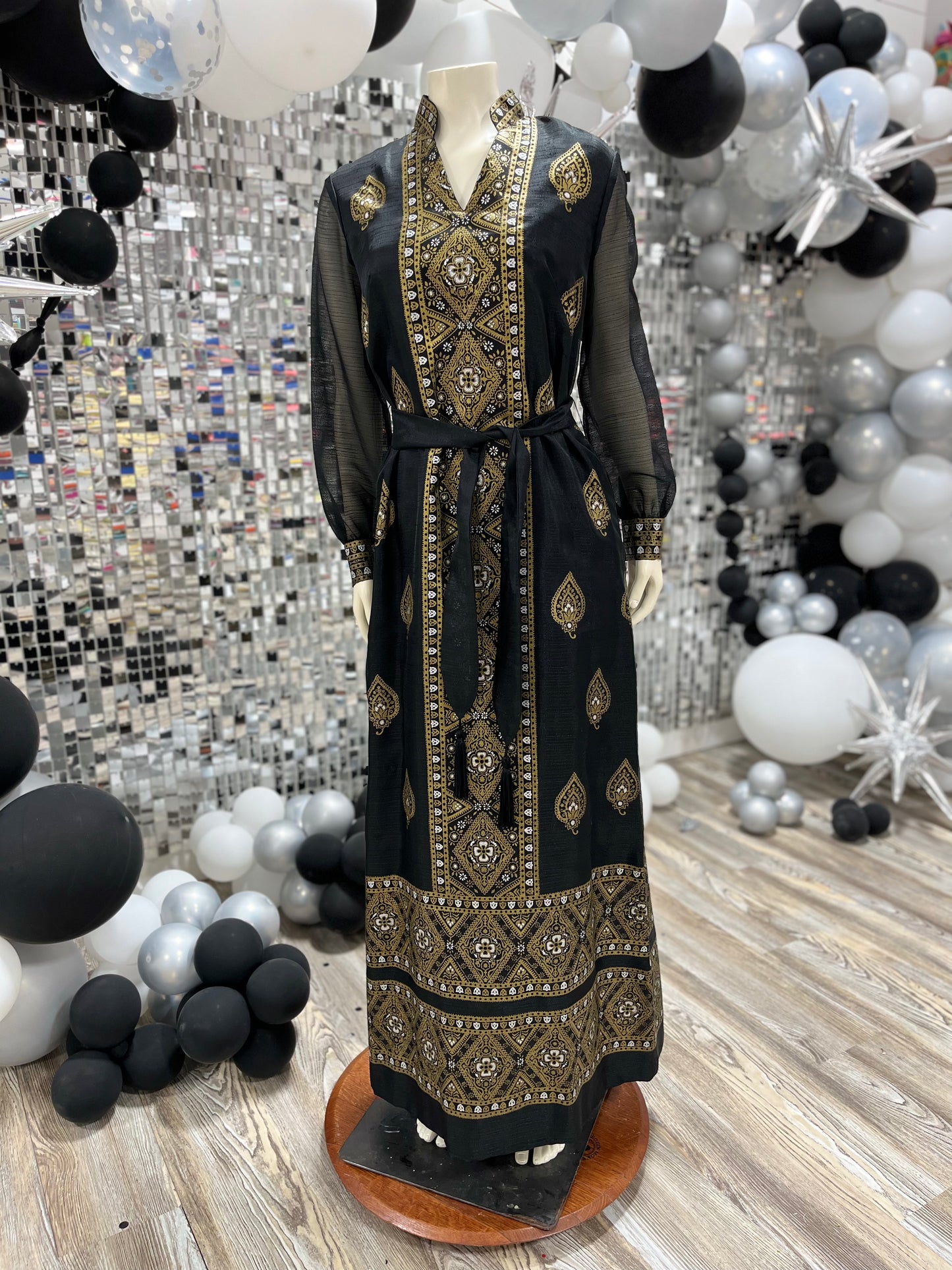 Vintage 70s Incredible Alfred Shaheen Gold Print Evening Maxi Dress M