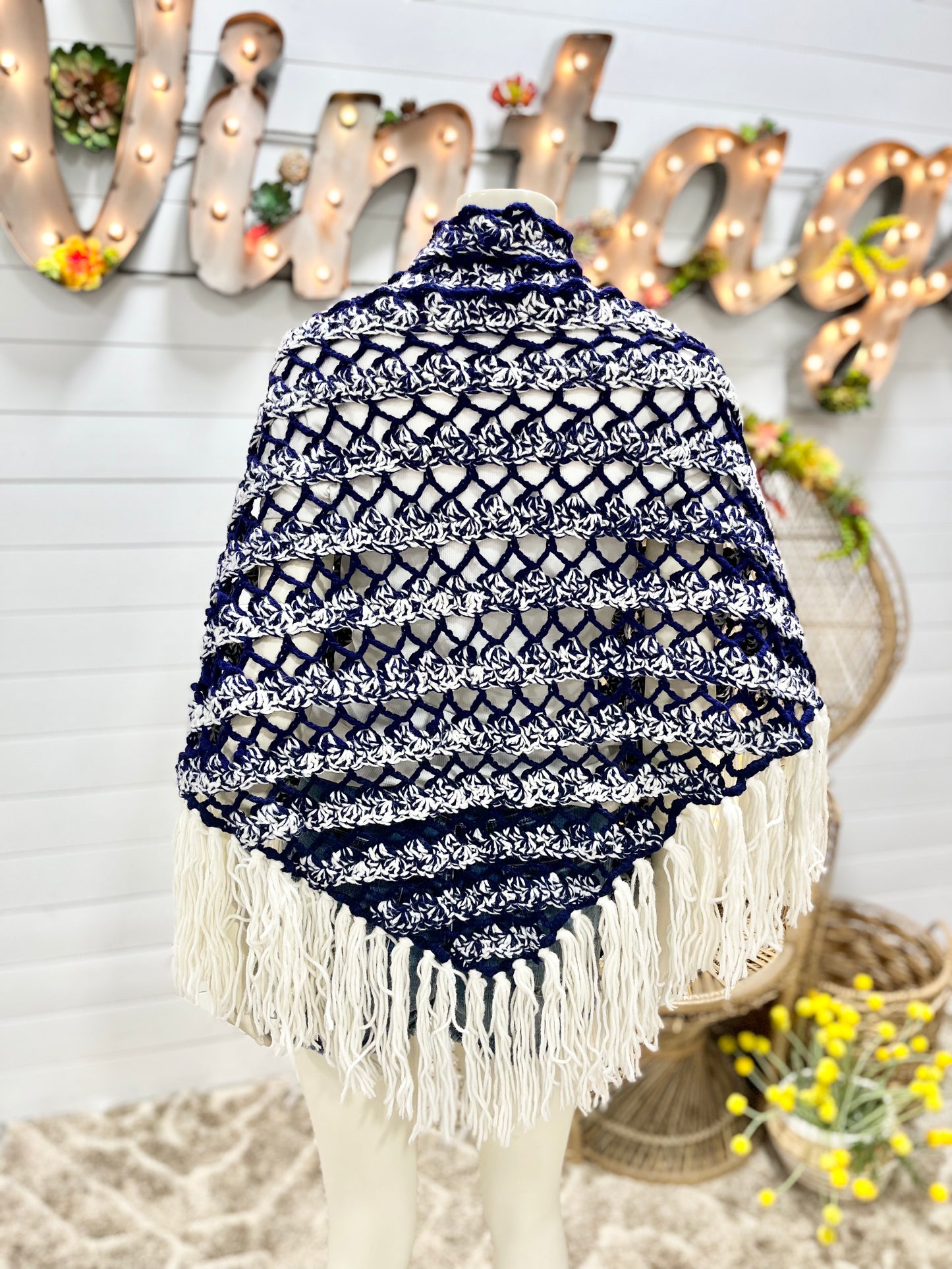 70s Braided Fringe Crochet Vintage Poncho Cape