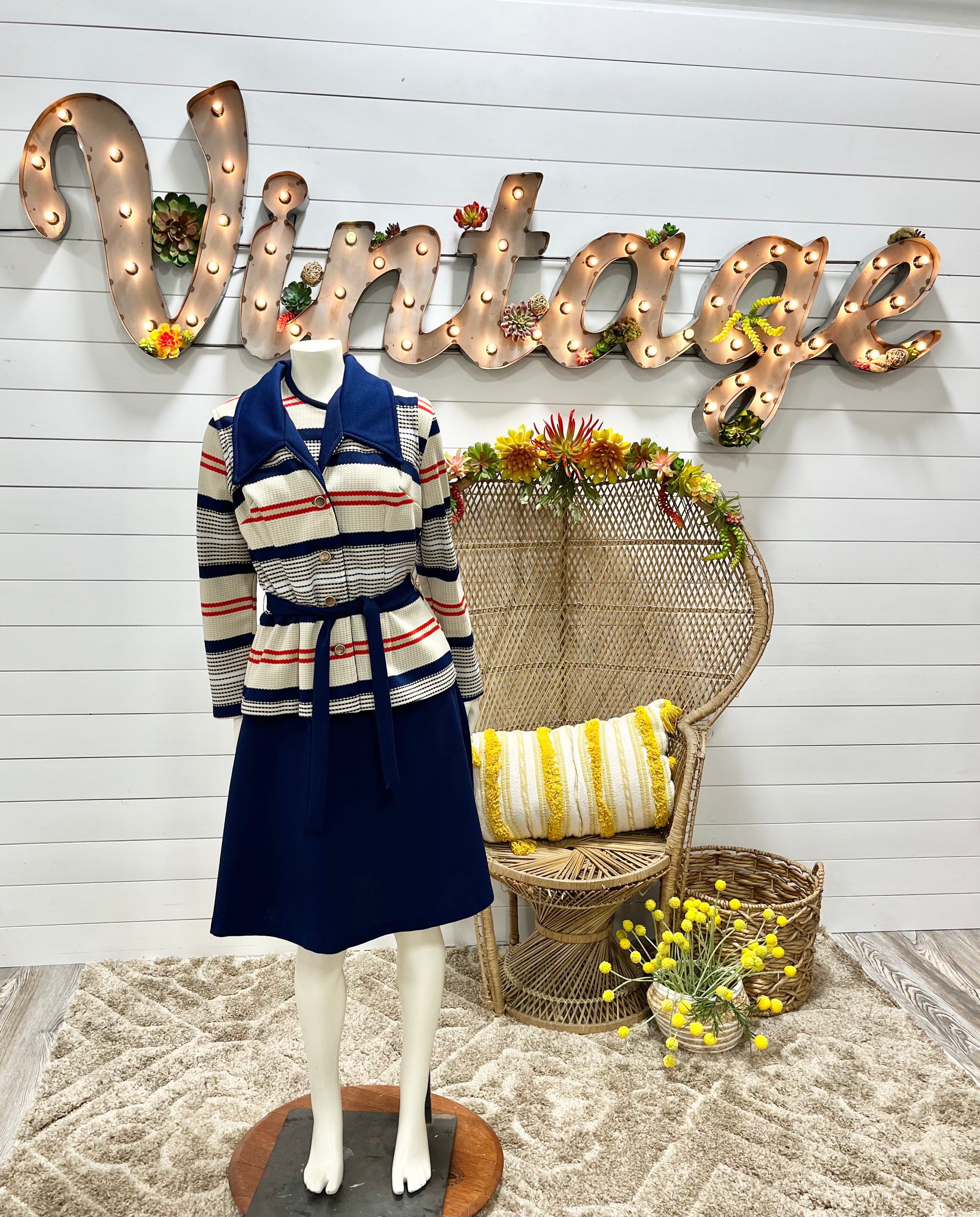 Vintage 70s Striped Montgomery Ward Dagger Collar Dress and Vest 
