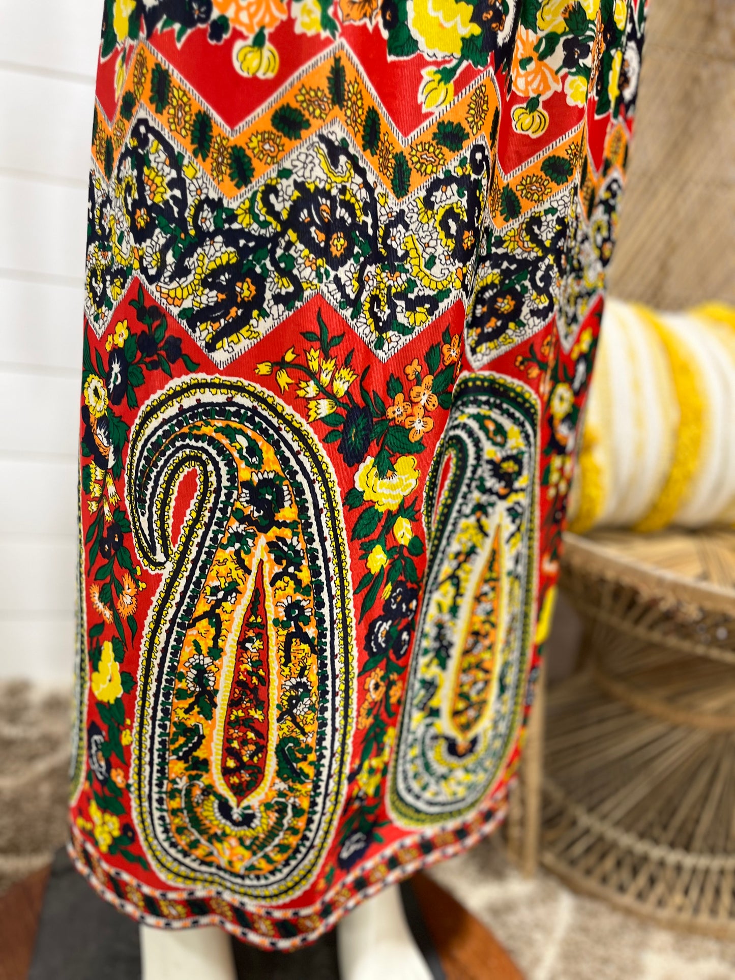 Vintage 70s Paisley Colorful High Collar Psychedelic Maxi Dress XS/S