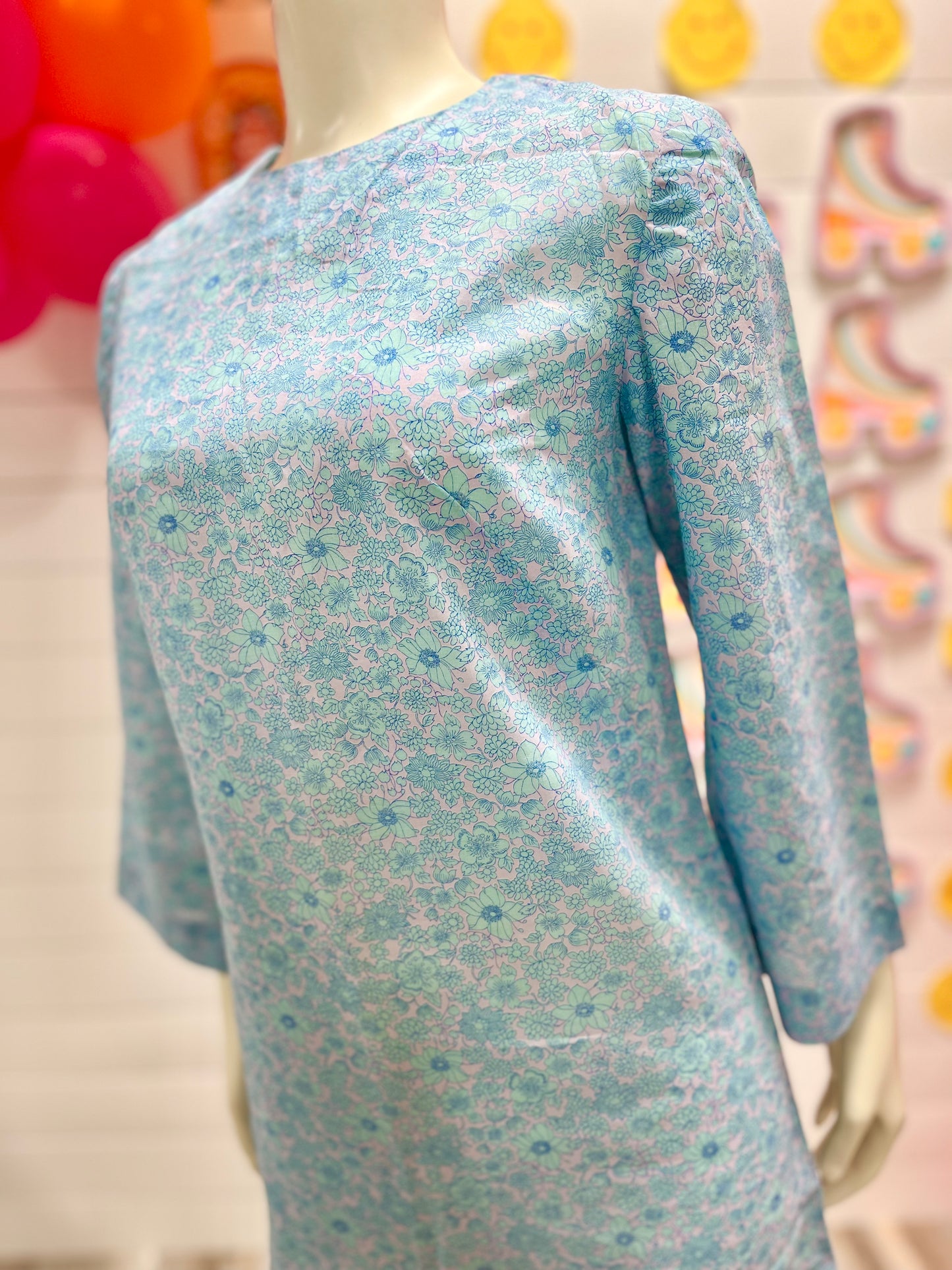 Vintage 70s Blue Boho Tiny Floral Print Hippie Mini Shift Dress M