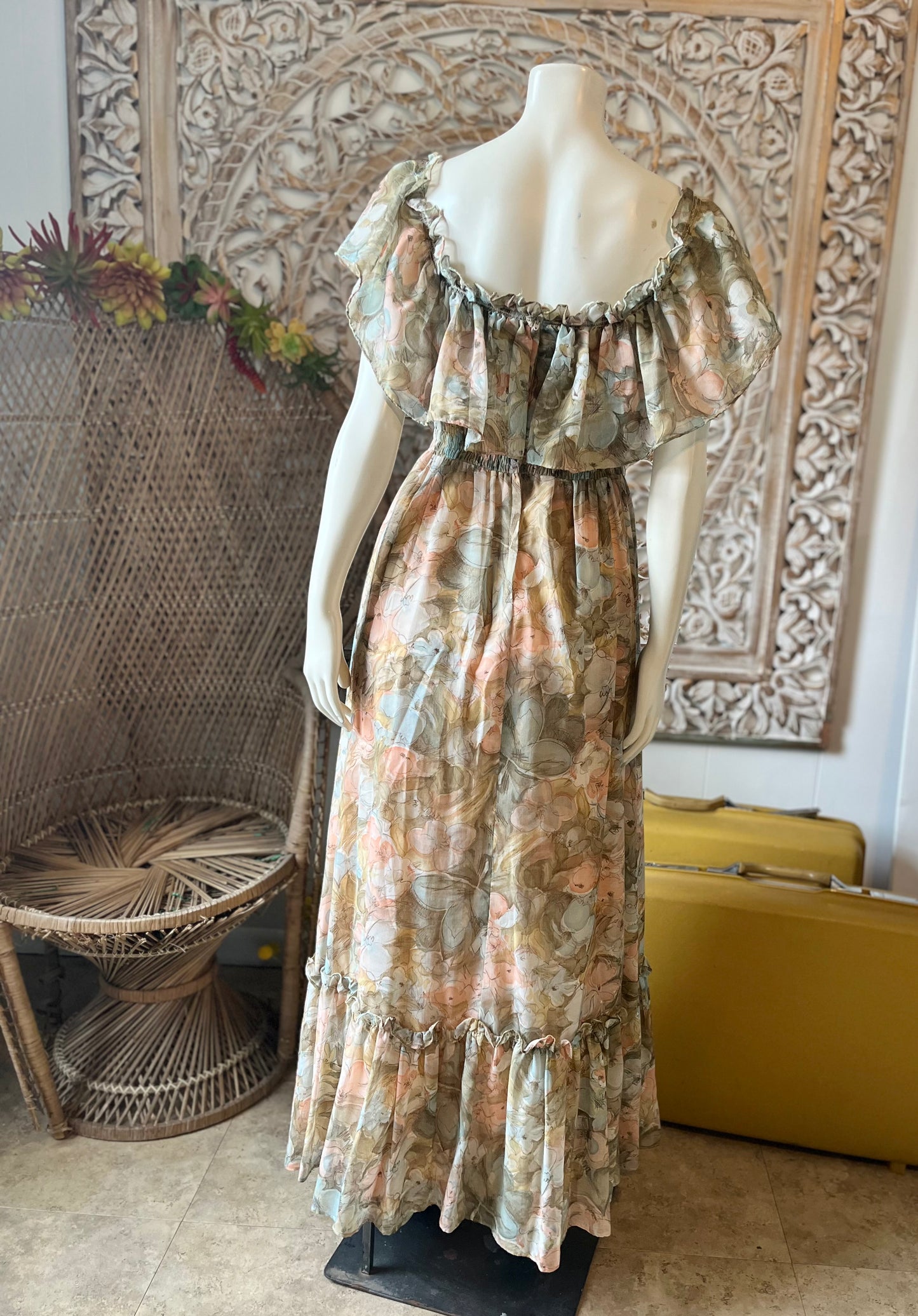 Vintage Dress 70s Candi Jones Muted Floral Smocked Empire M