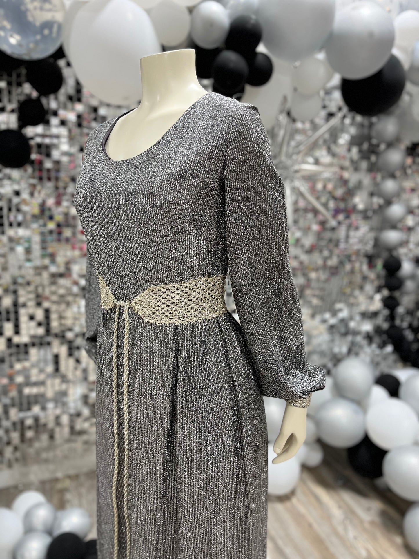 60s Vintage Mod Silver Metallic Maxi Evening Party Maxi Dress