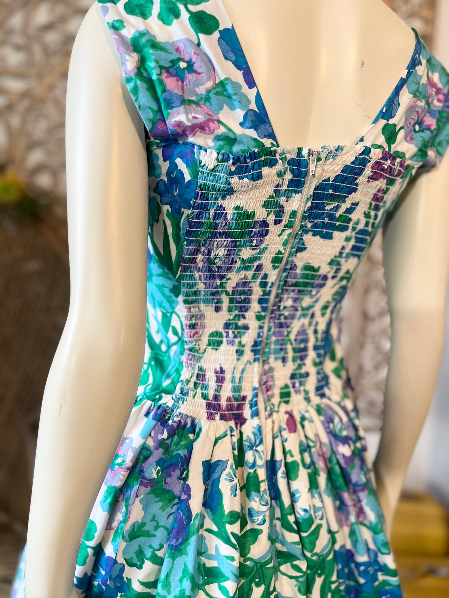 Vintage 80s Ruched Floral Bubble Hem Mini Dress S/M