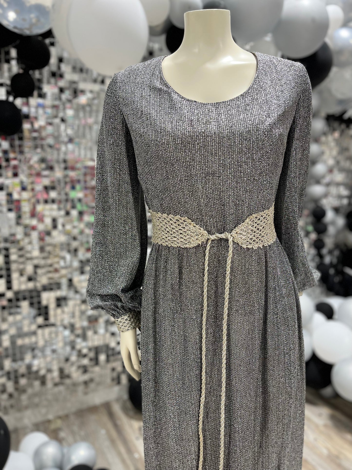 60s Vintage Mod Silver Metallic Maxi Evening Party Maxi Dress