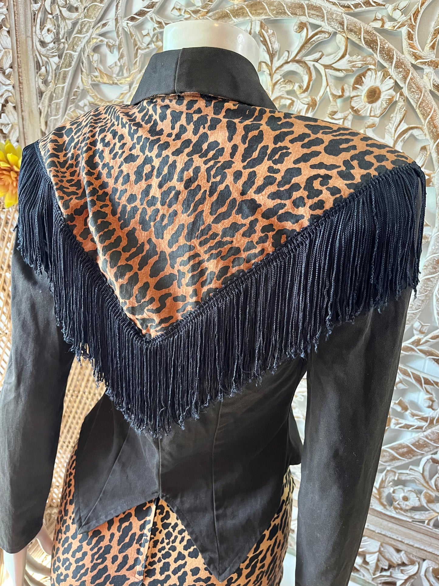 Vintage 80s Fredrick’s of Hollywood Leopard Print Fringe Jacket and Skirt