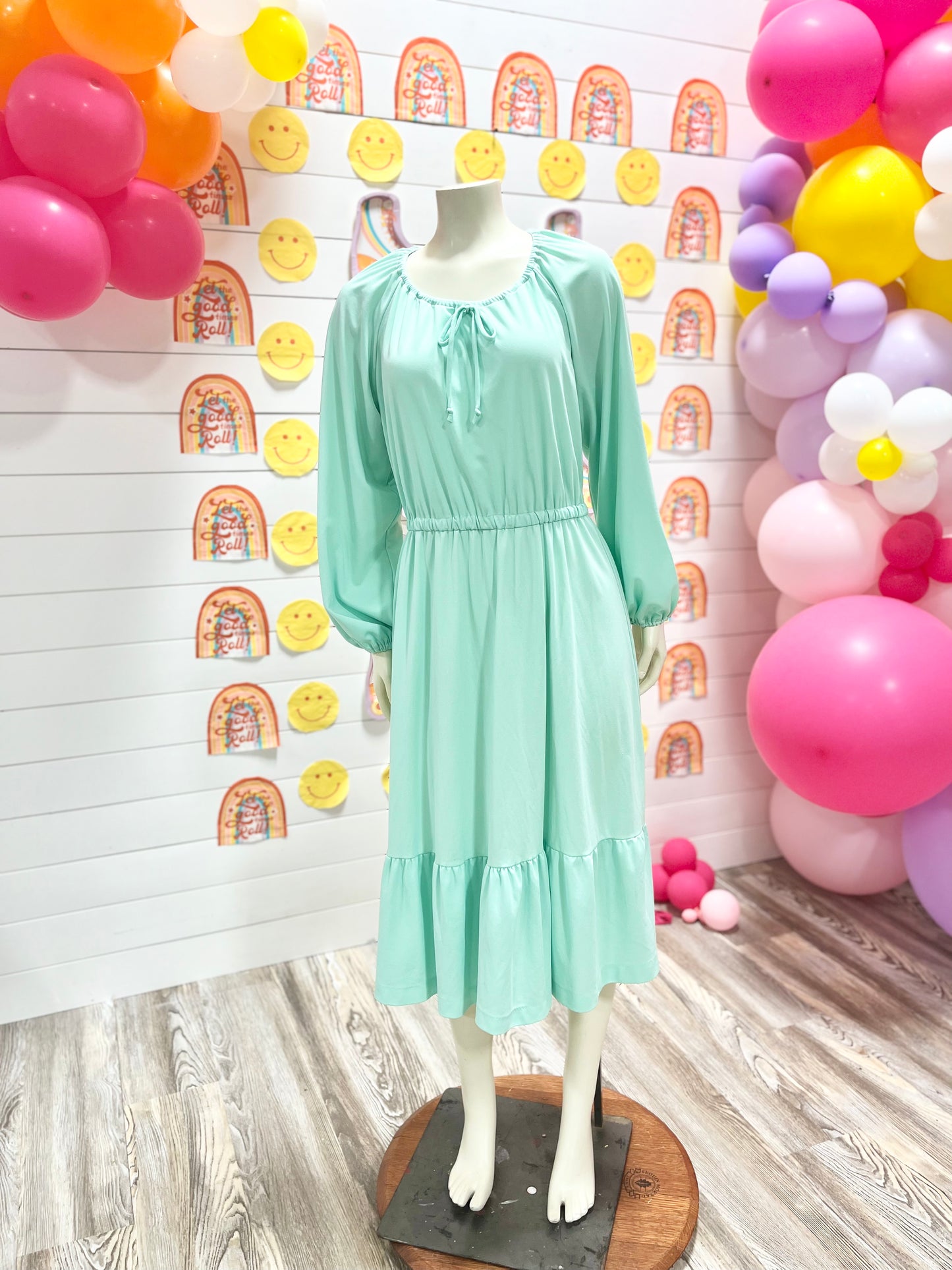 70s Tiered Ruffle Mint Green Hippie Off the Shoulder Midi dress