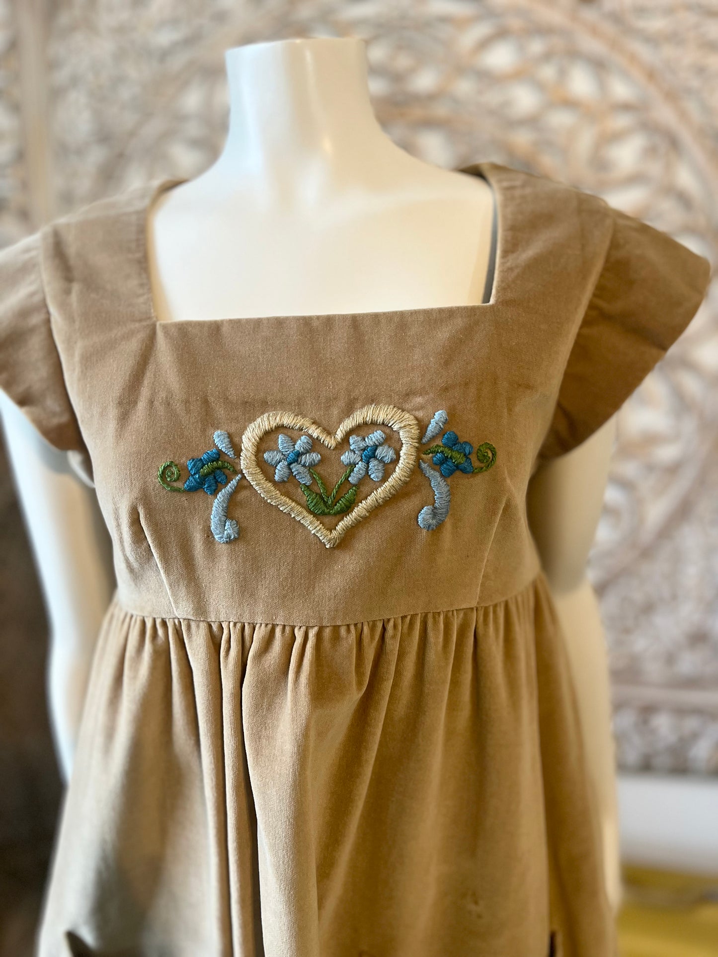 Vintage 70s Hippie Velveteen Embroidered Bohemian Mini Dress S