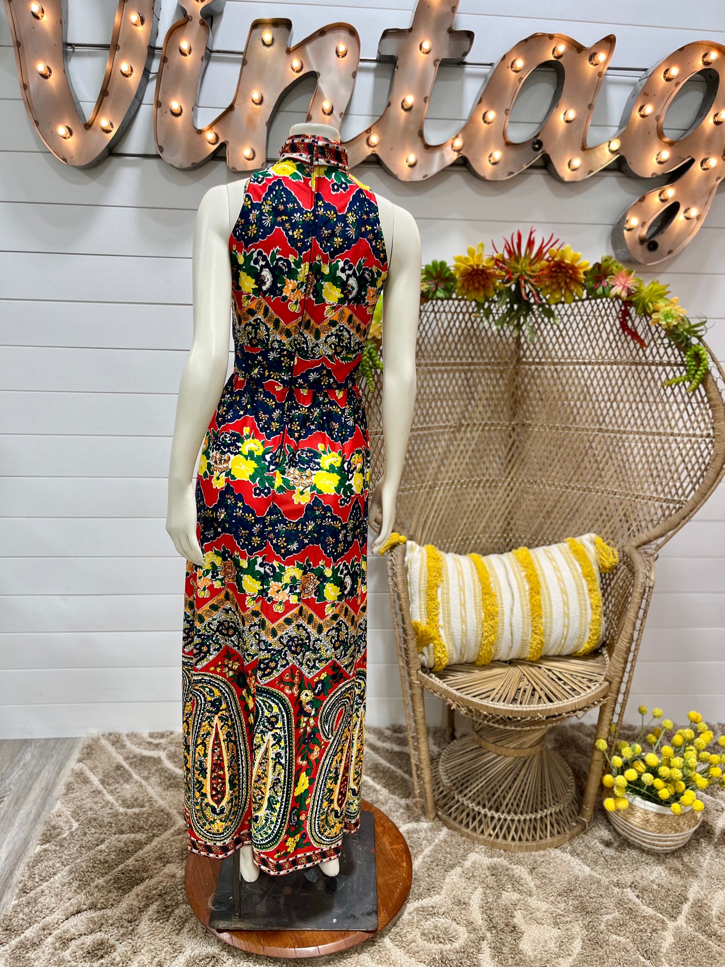 Vintage 70s Paisley Colorful High Collar Psychedelic Maxi Dress XS/S