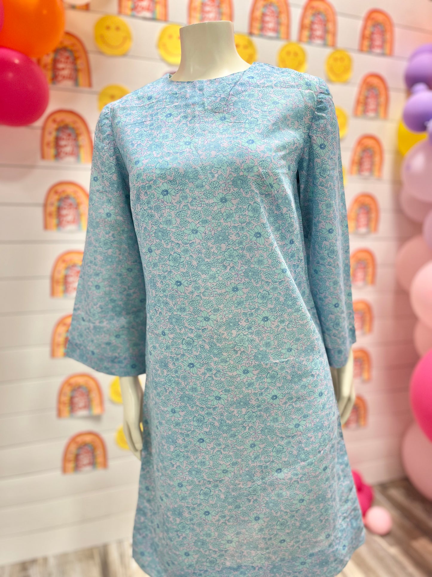 Vintage 70s Blue Boho Tiny Floral Print Hippie Mini Shift Dress M