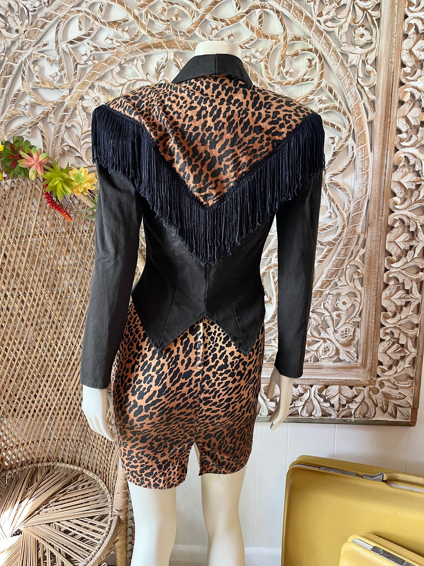 Vintage 80s Fredrick’s of Hollywood Leopard Print Fringe Jacket and Skirt