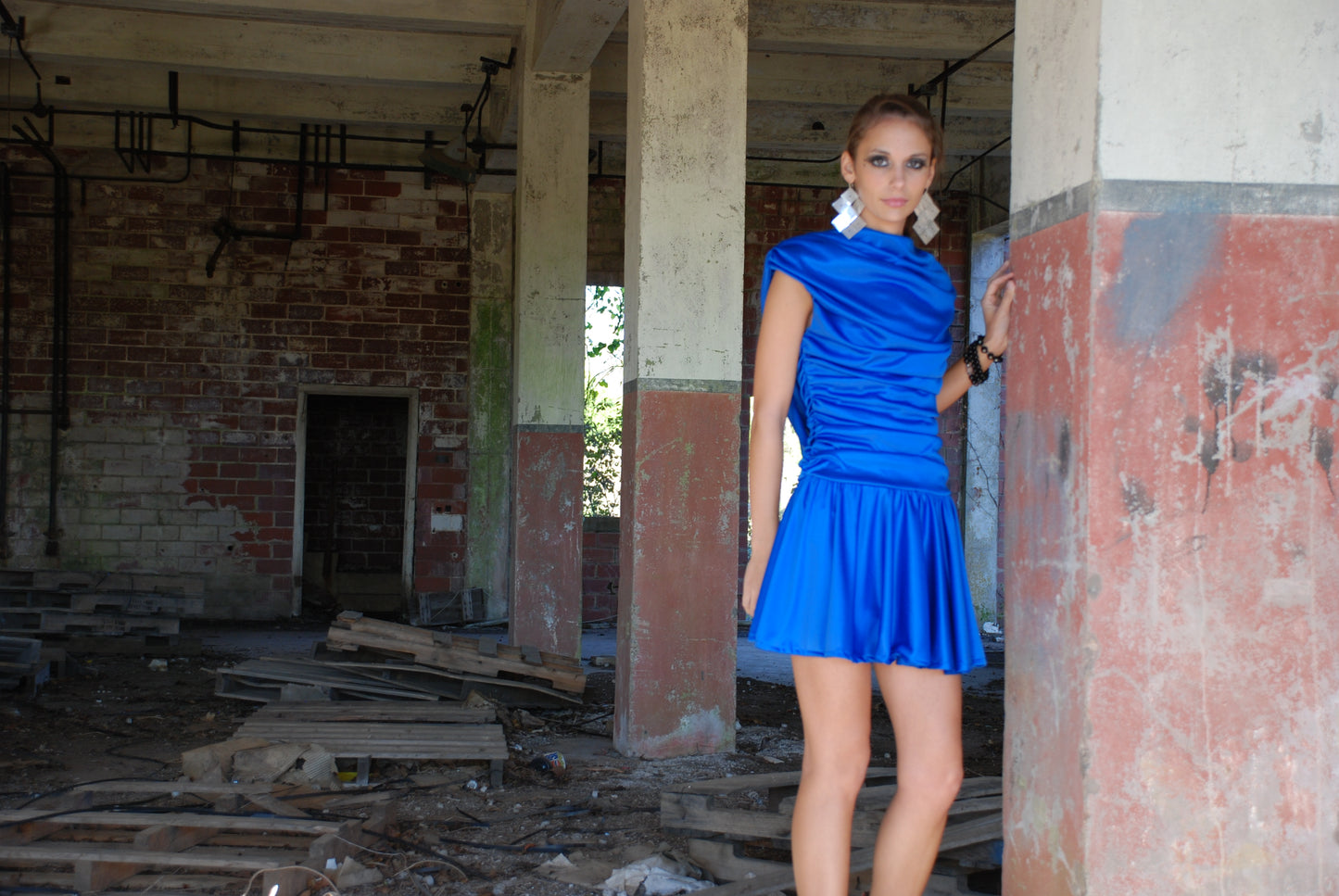 80s Vintage Electric Blue Gathered Draped Mini Party Dress M