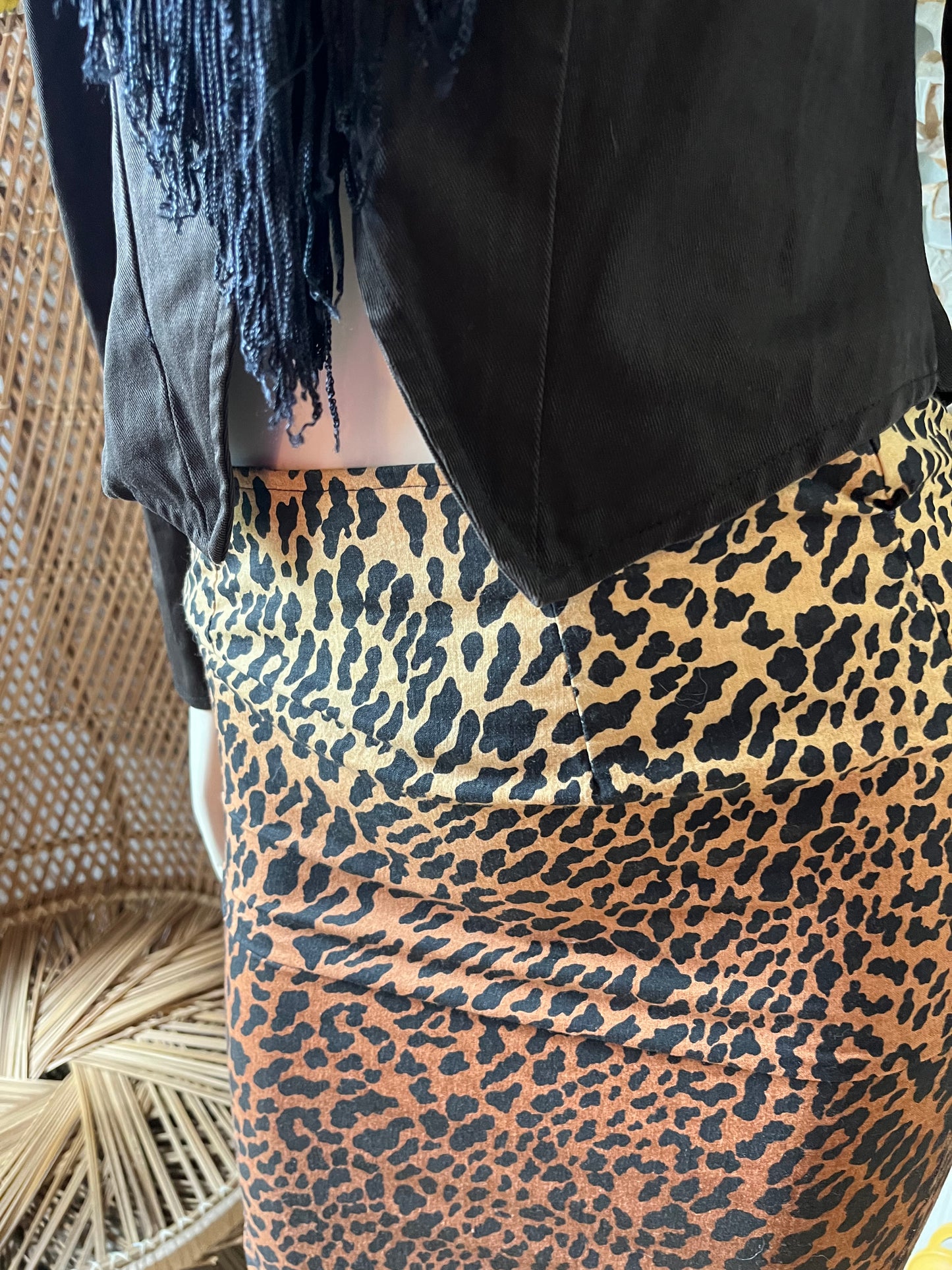 Vintage 80s Fredrick’s of Hollywood Leopard Print Fringe Jacket and Skirt