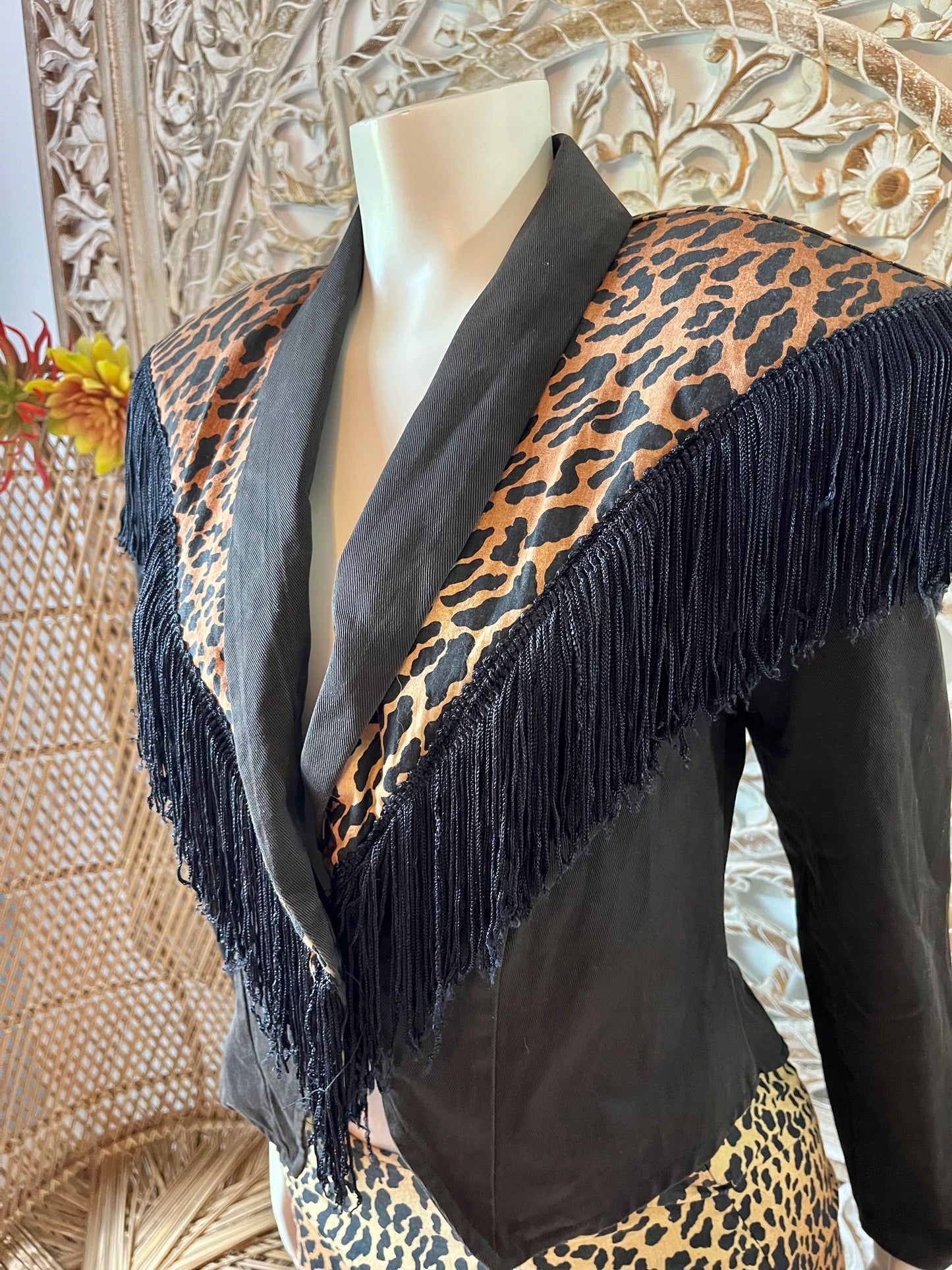 Vintage 80s Fredrick’s of Hollywood Leopard Print Fringe Jacket and Skirt