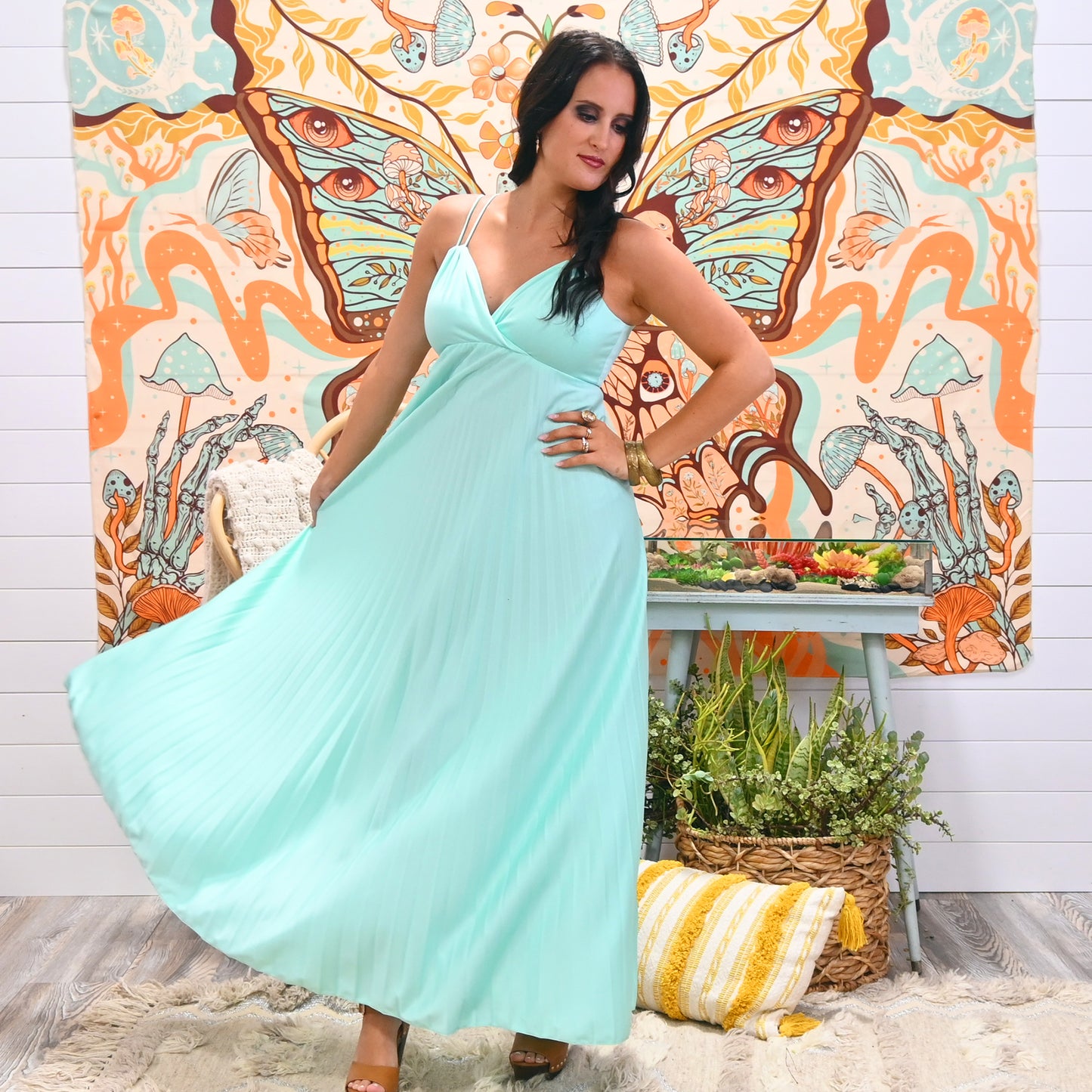 Vintage 70s Mint Green Accordion Pleated Sexy Maxi Dress M