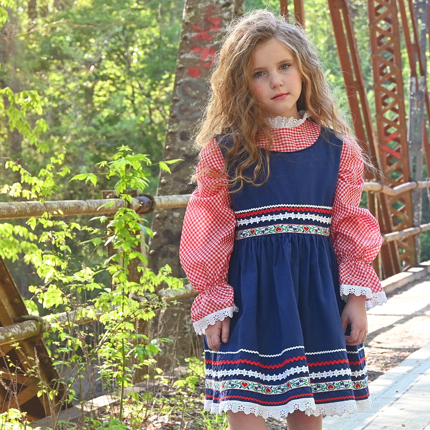 70s Lace and Floral Navy Blue Hippie Gingham Girls Vintage Dress