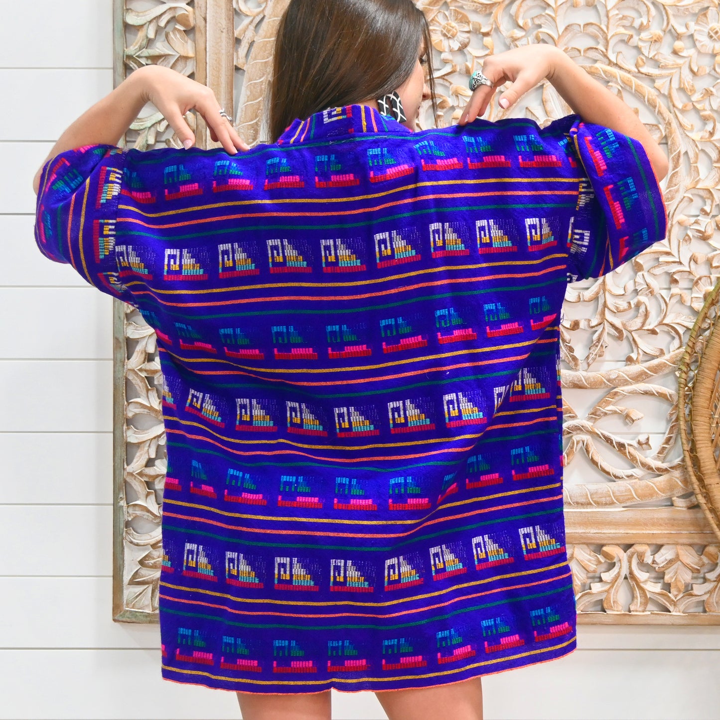 Purple Mexican Embroidered Boho Hippie Vintage Striped 70s Ethnic Tunic Shirt Dress