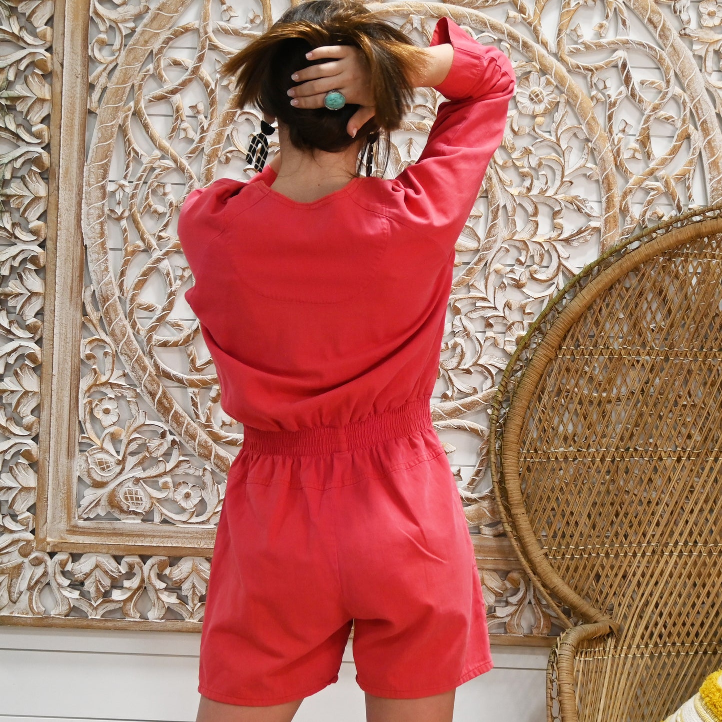 Red Shorts Romper Aviator Dolman Jumpsuit Vintage 80s Retro L/XL