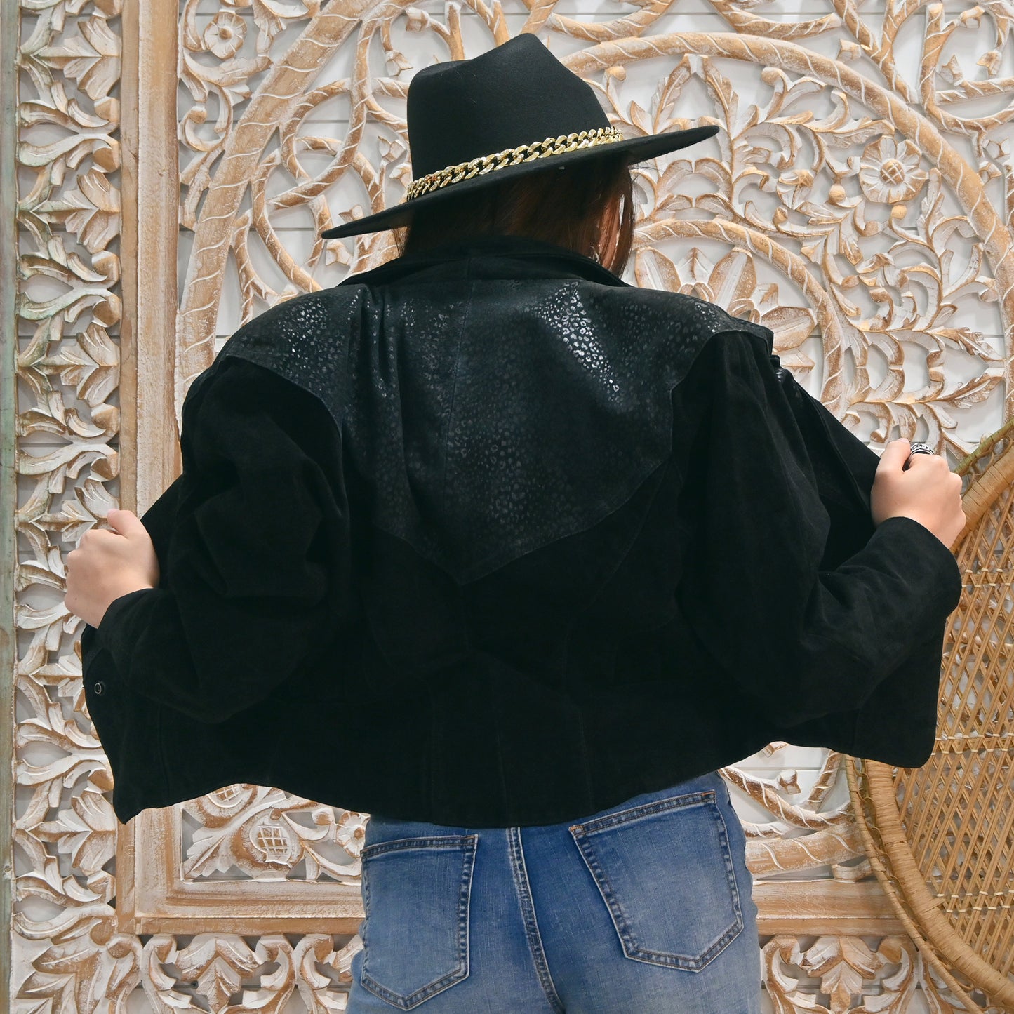 Totally 80s Leather Black Suede Animal Print Crop Jacket Vintage Coat L