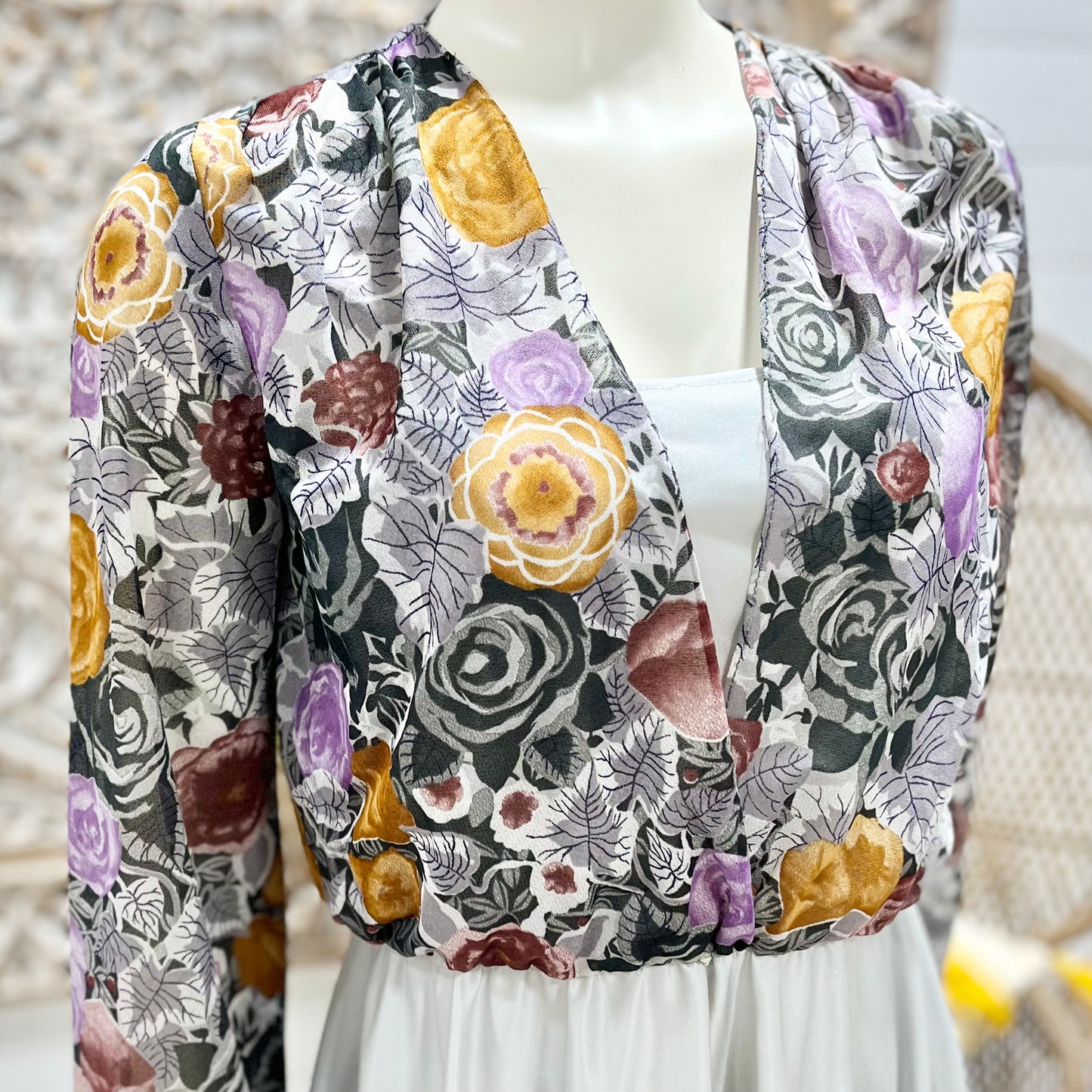Vintage 70s Floral Sheer Top Boho Grey Dress M/L