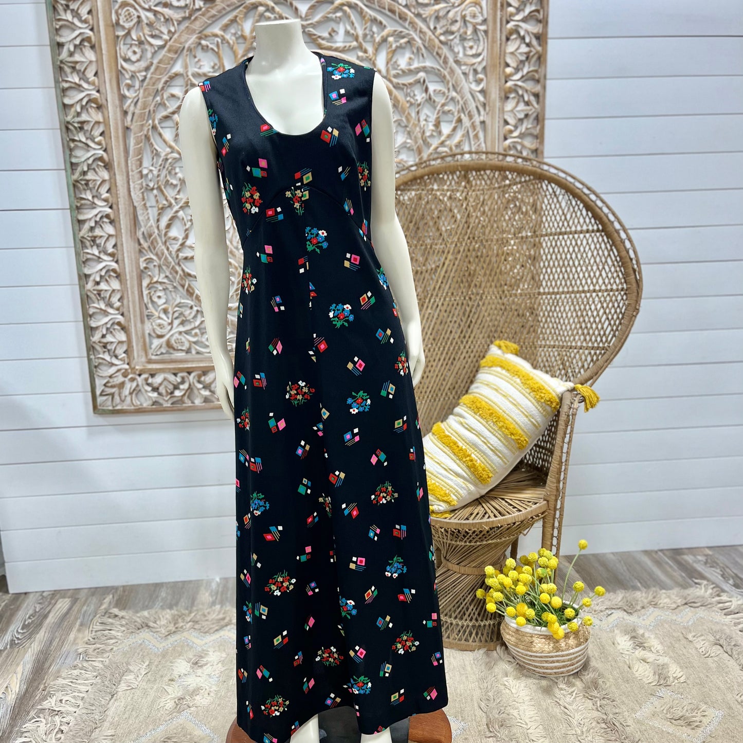 Vintage 70s Black Colorful Floral Geometric Maxi Dress L
