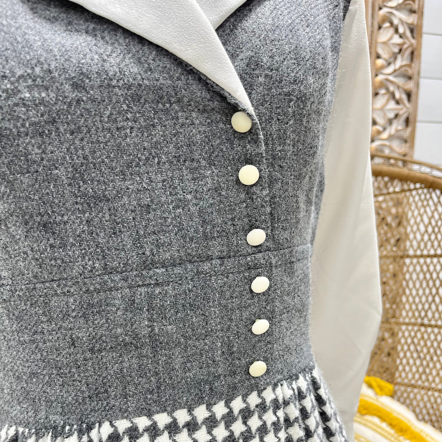 70s Fringe Houndstooth Bishop Sleeve Vintage Maxi Dress S
