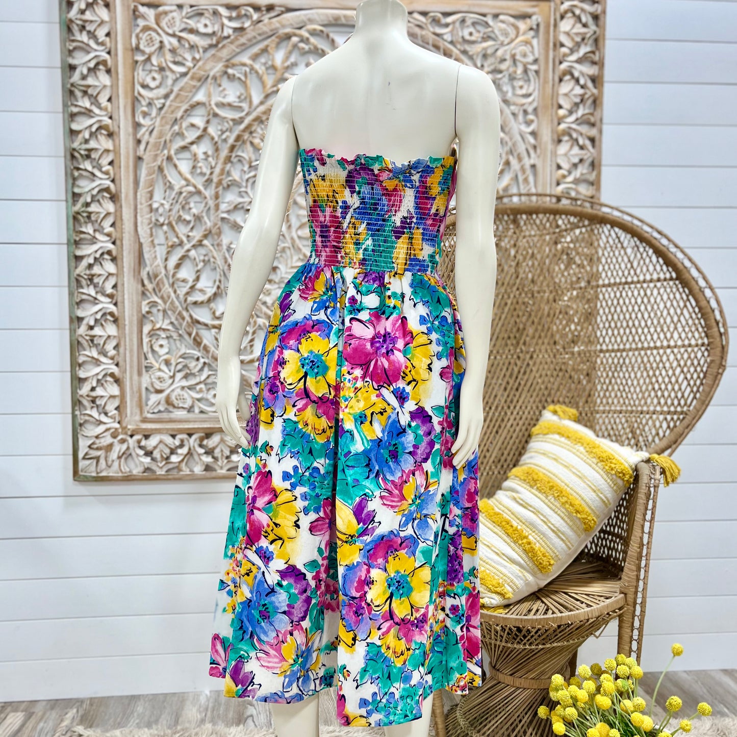 Vintage 80s Smocked Spring Colorful Floral Sun Dress M/L
