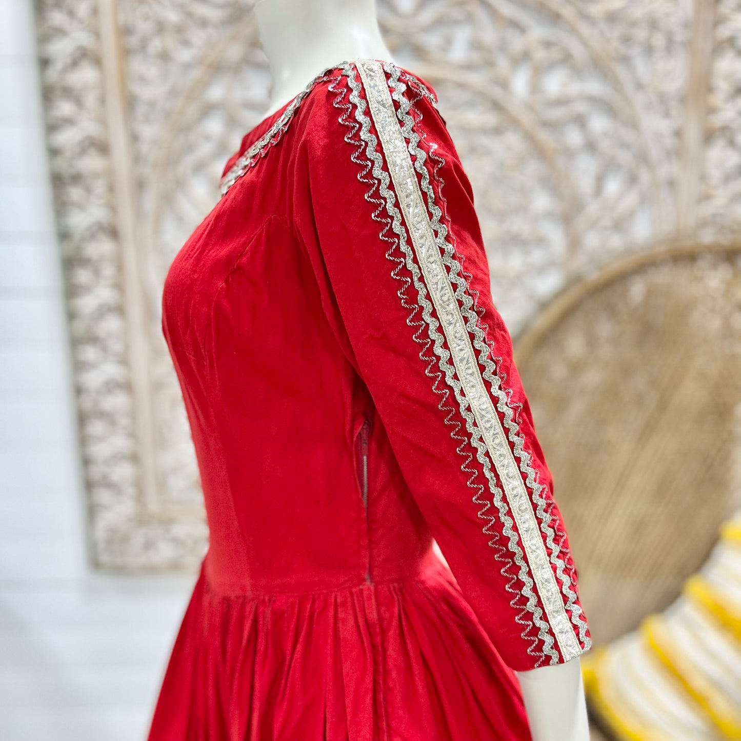 Vintage 40s Patio Red Full Skirt Silver Metallic Trim Pantaloon Southwest Rare Dress