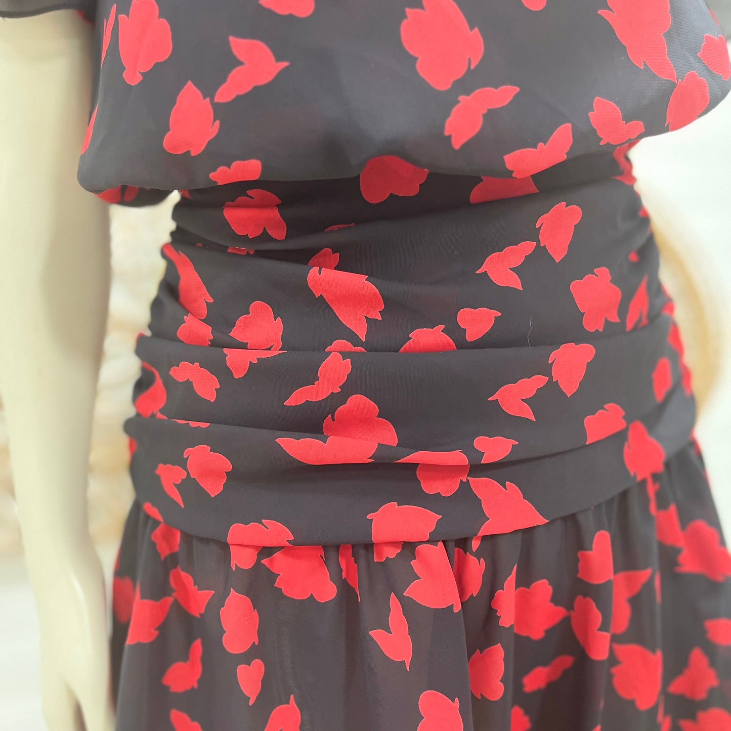 Vintage 80s Banded Gathered Butterfly Novelty Print Dress XS