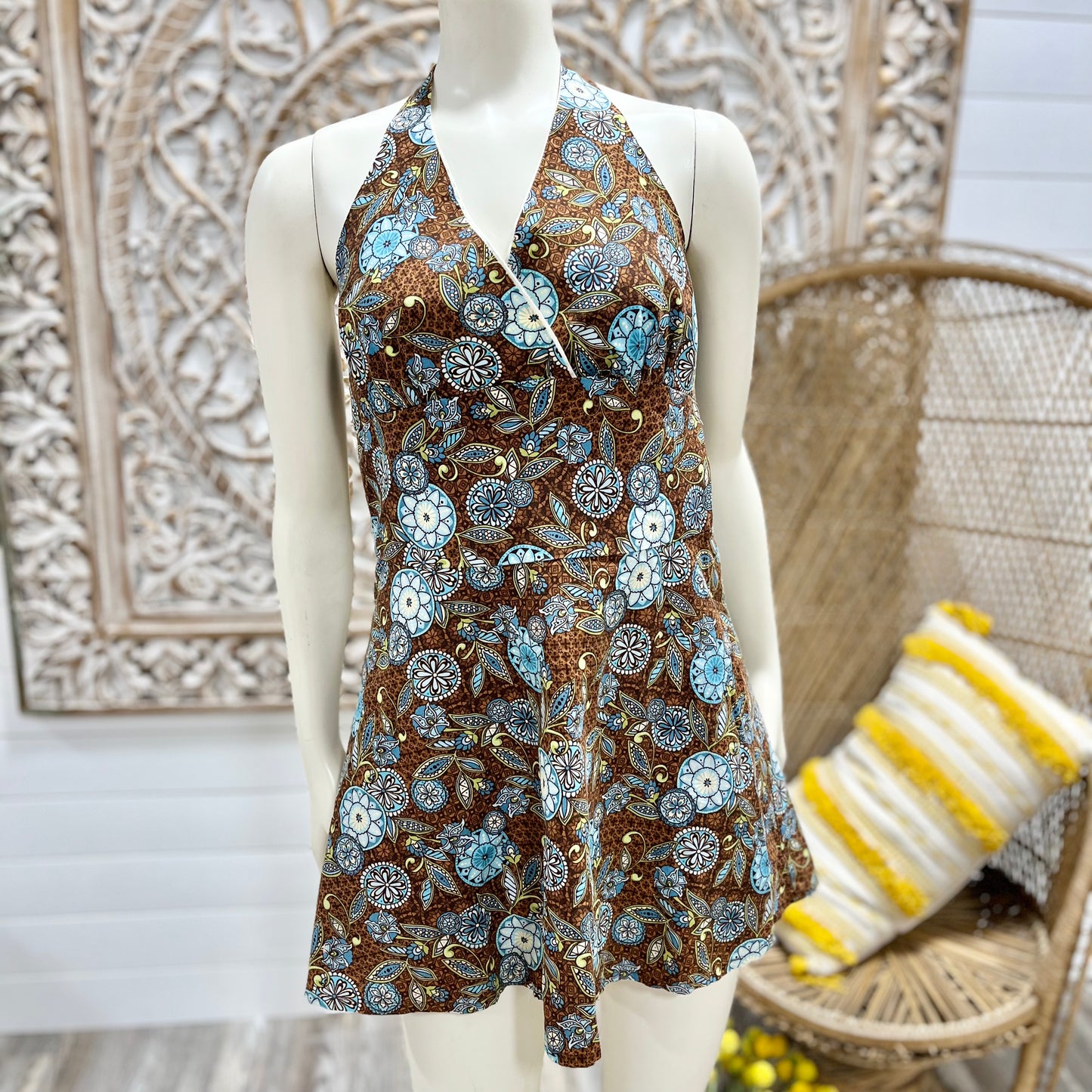 70s Vintage Floral Homemade Abstract Hippie Halter Tank Shirt L