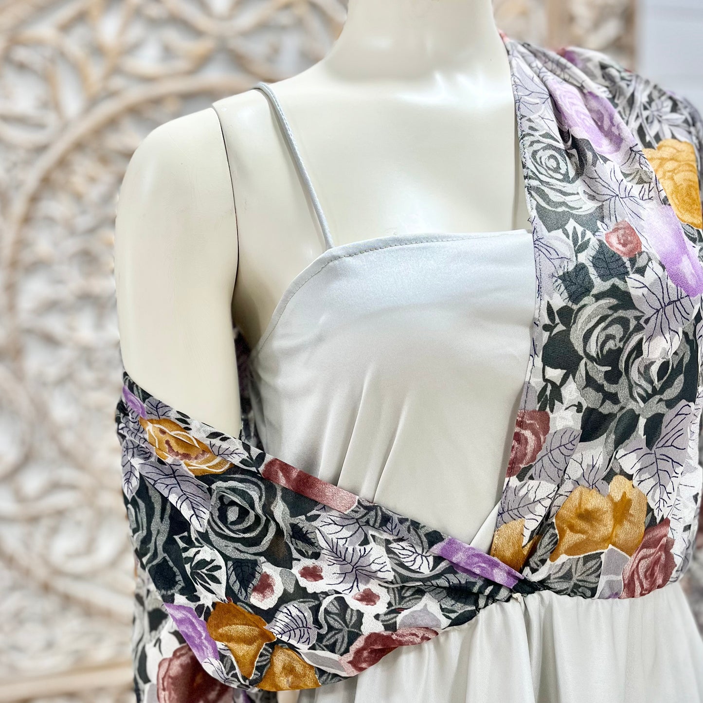 Vintage 70s Floral Sheer Top Boho Grey Dress M/L