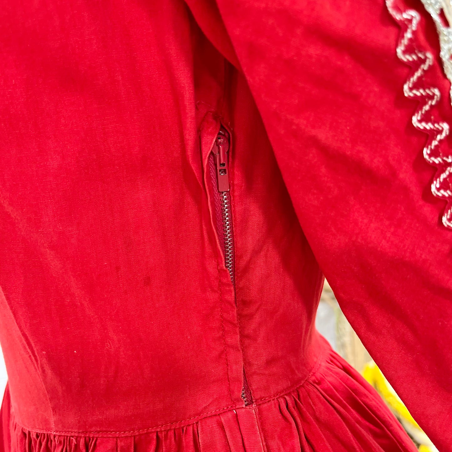 Vintage 40s Patio Red Full Skirt Silver Metallic Trim Pantaloon Southwest Rare Dress