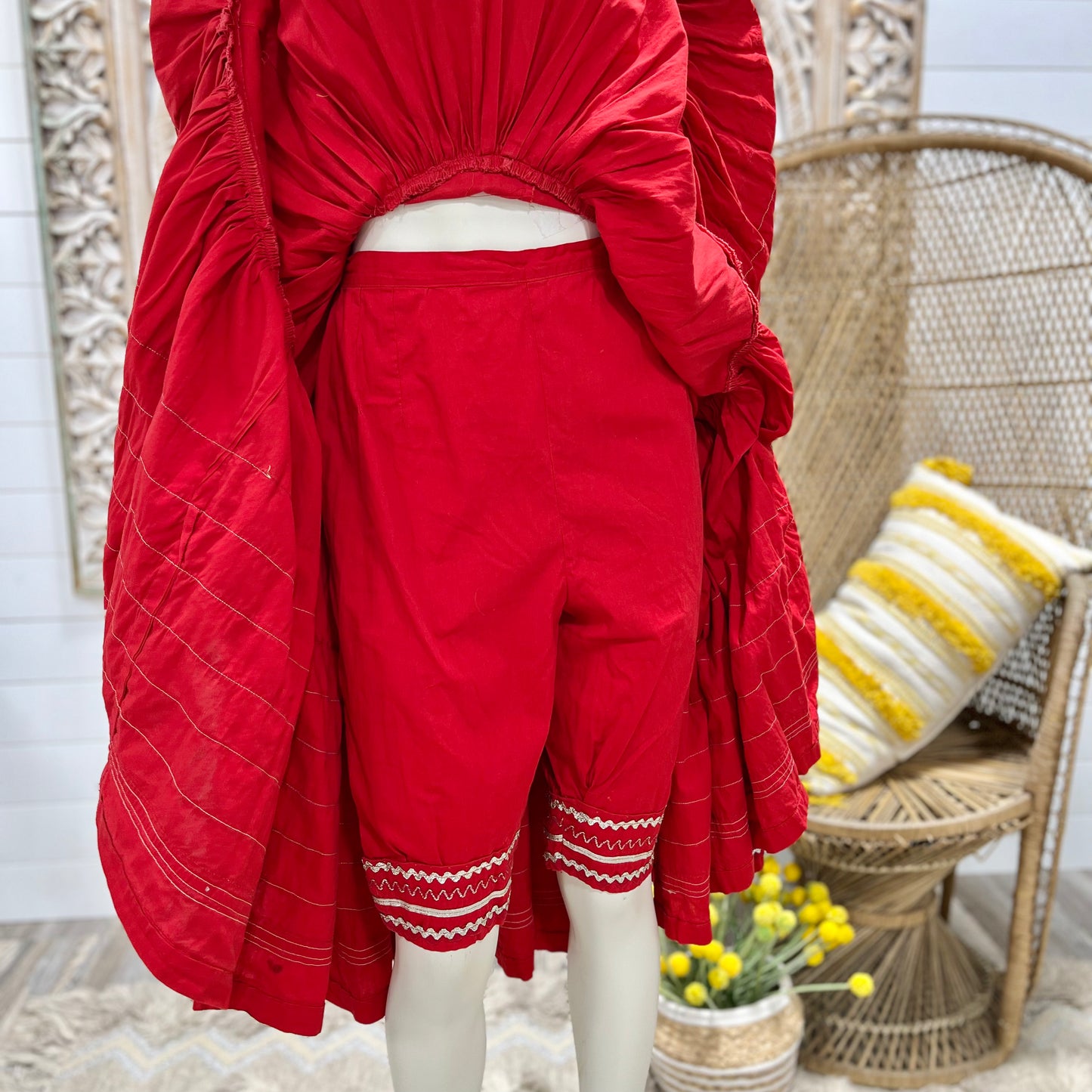Vintage 40s Patio Red Full Skirt Silver Metallic Trim Pantaloon Southwest Rare Dress